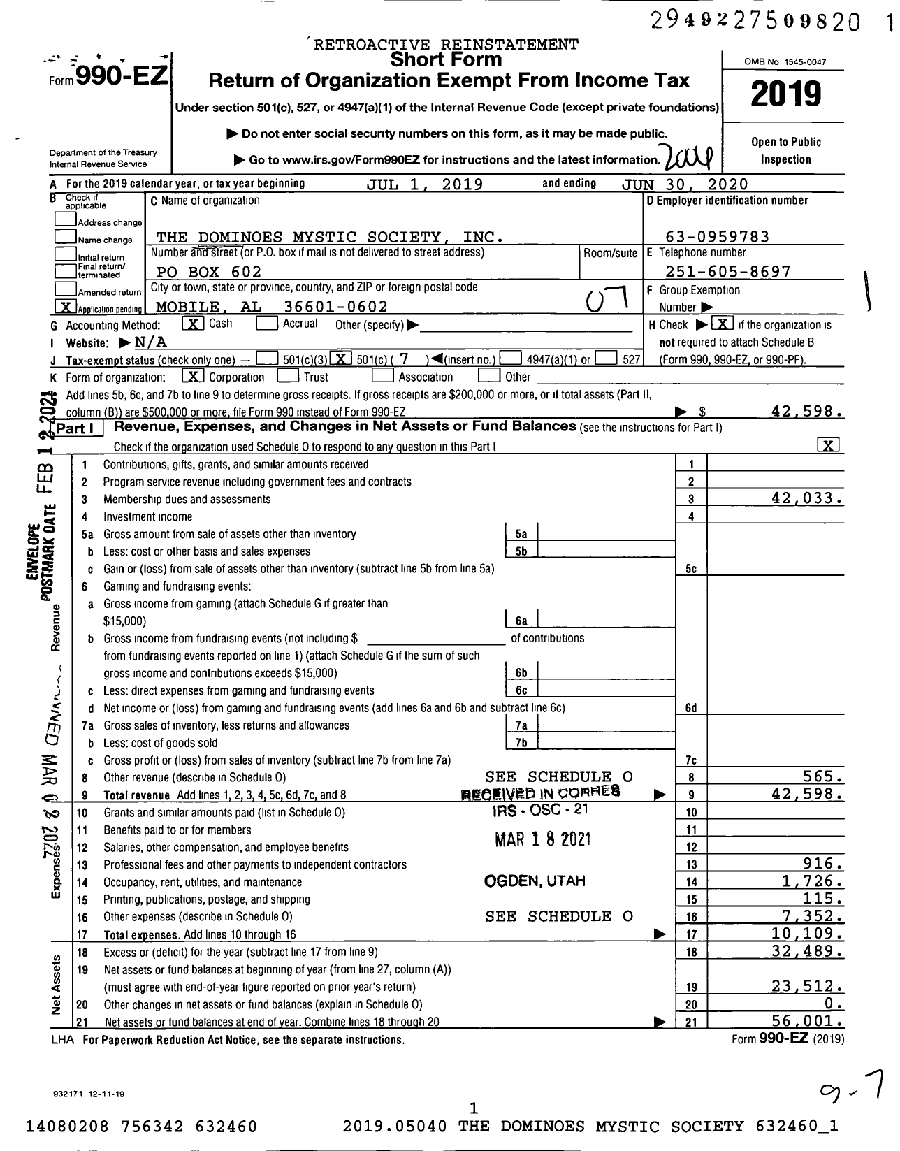 Image of first page of 2019 Form 990EO for The Dominoes Mystic Society