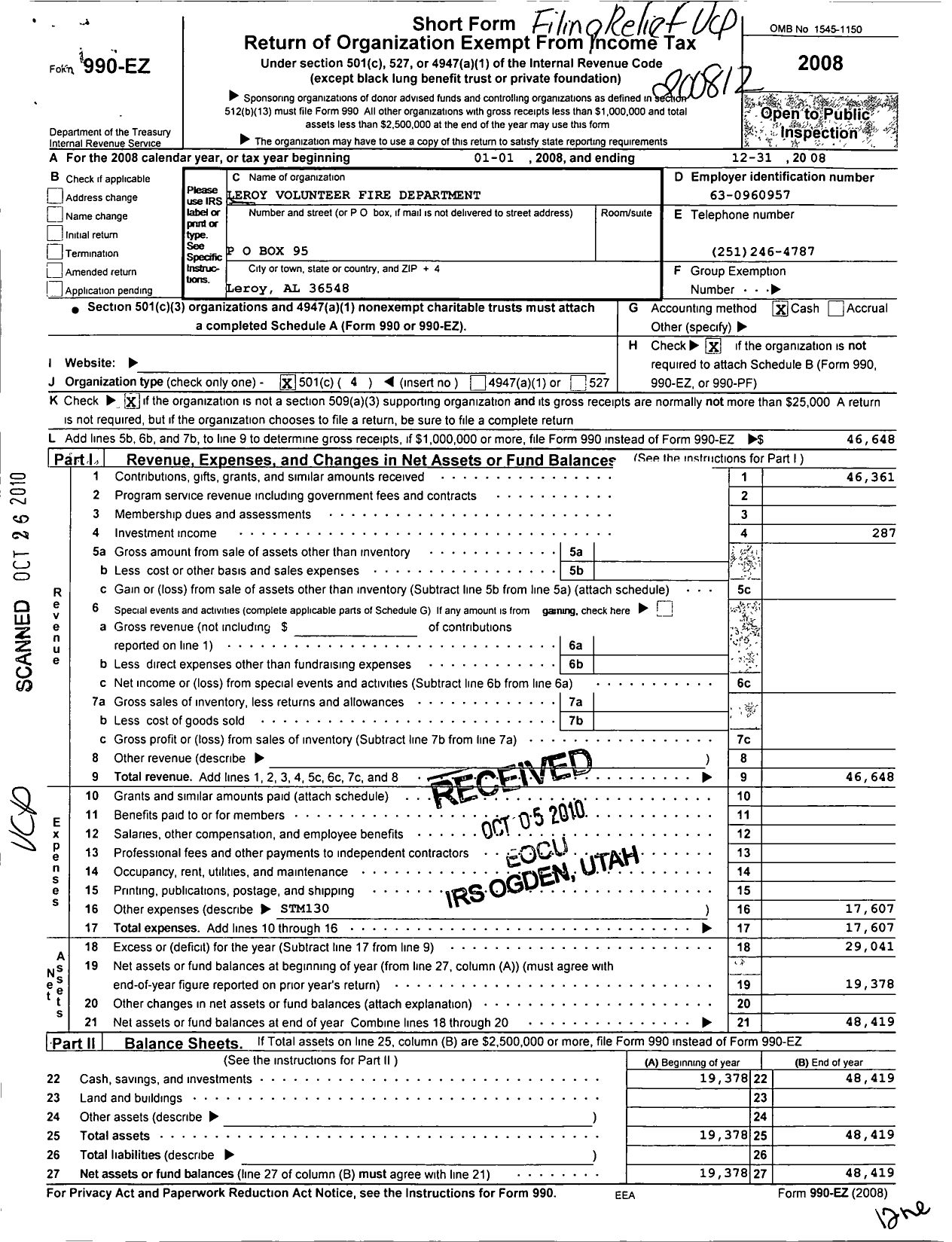 Image of first page of 2008 Form 990EO for Leroy Volunteer Fire Dept