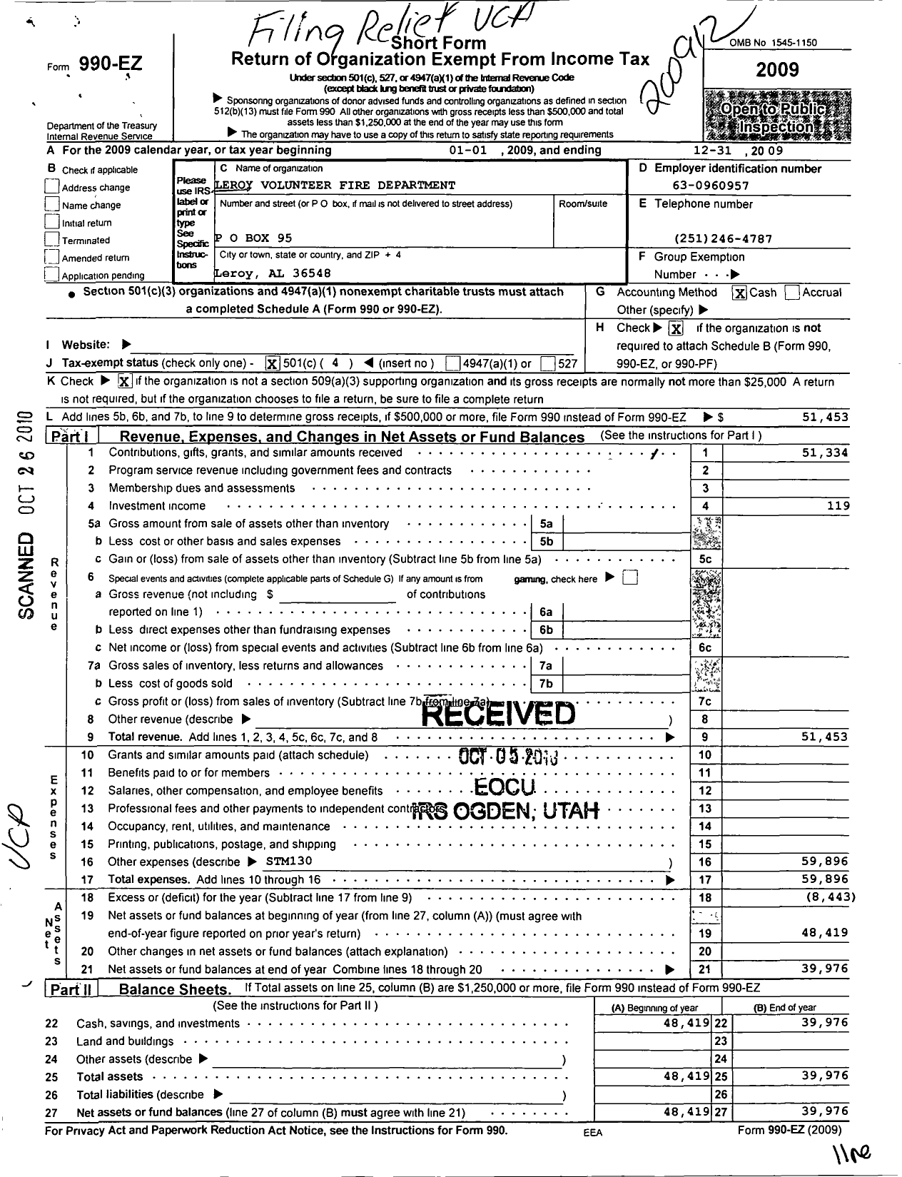 Image of first page of 2009 Form 990EO for Leroy Volunteer Fire Dept