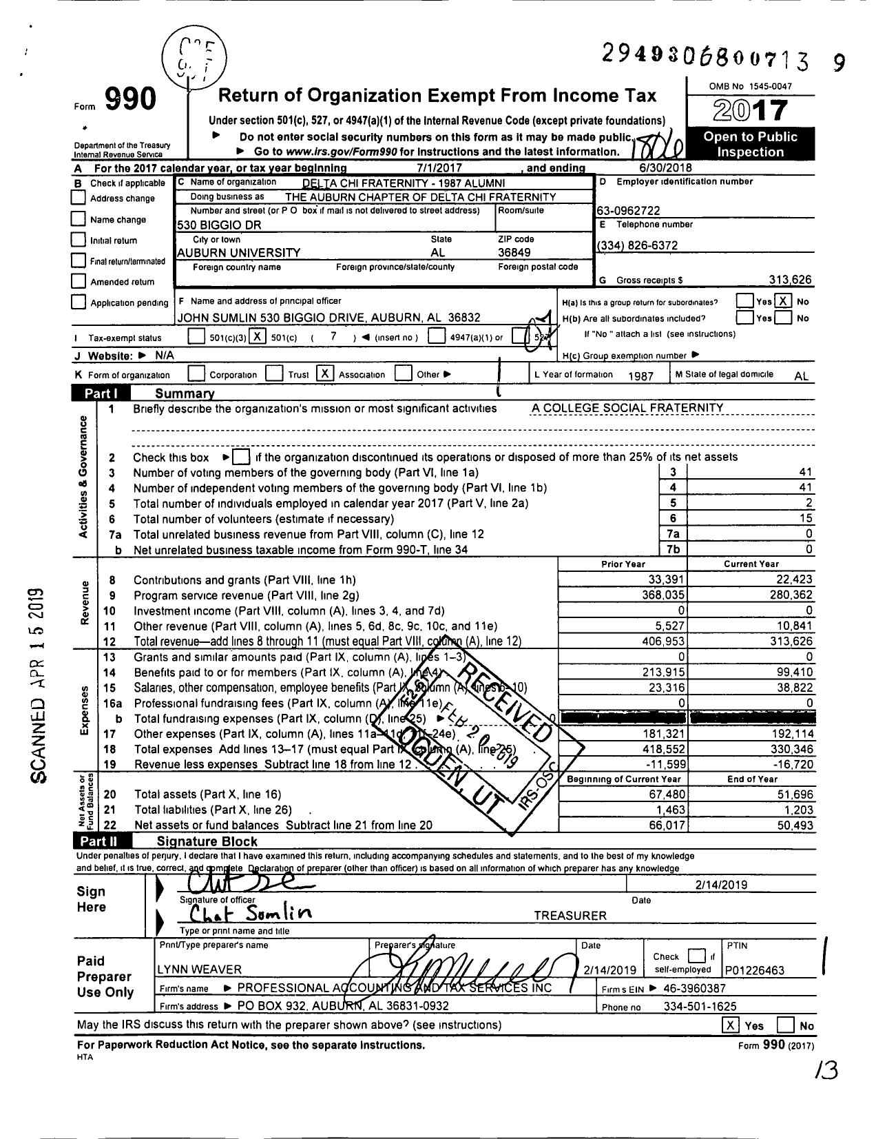 Image of first page of 2017 Form 990O for Delta Chi Fraternity - 1987 Alumni the Auburn Chapter of Delta Chi