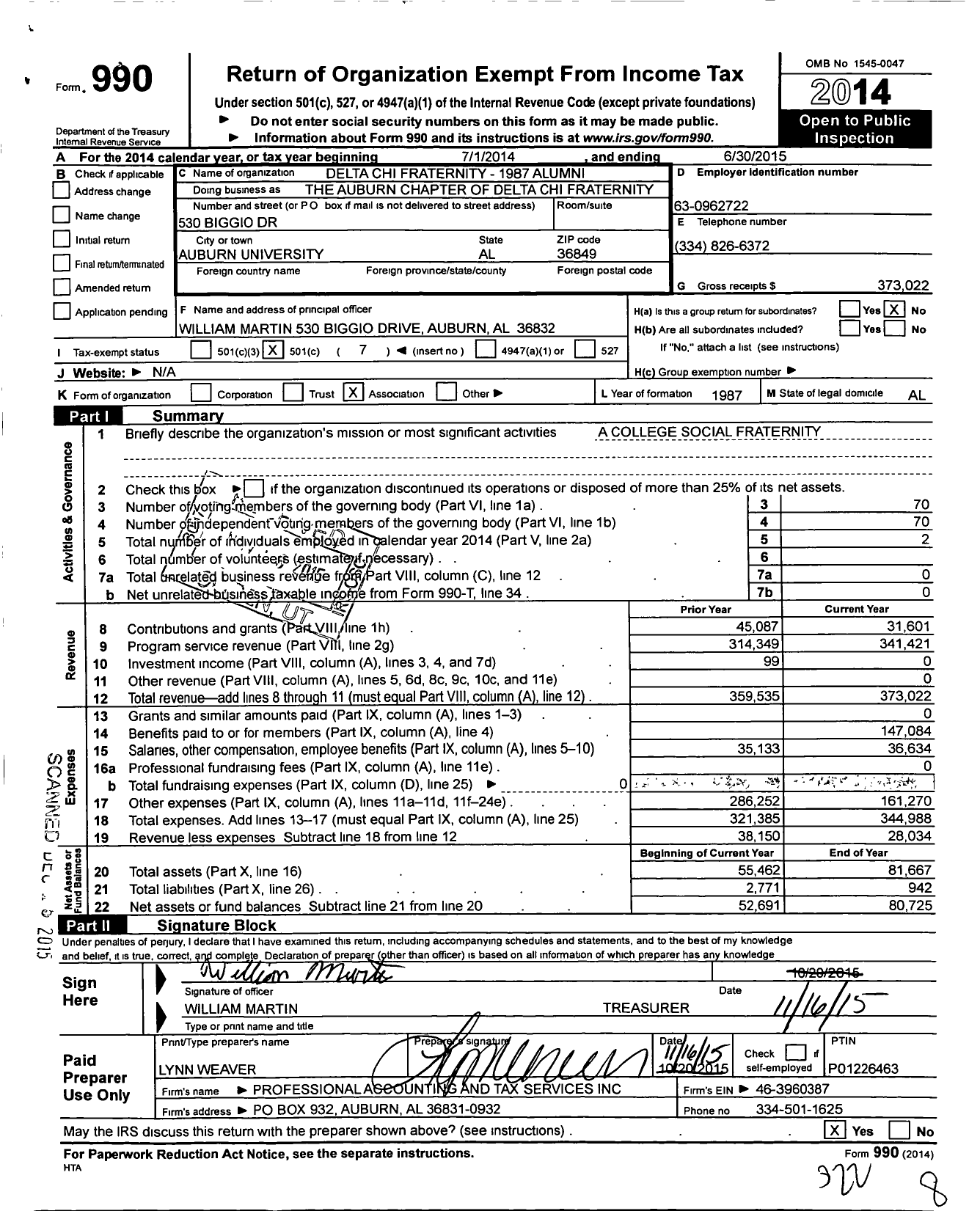 Image of first page of 2014 Form 990O for Delta Chi Fraternity - 1987 Alumni the Auburn Chapter of Delta Chi