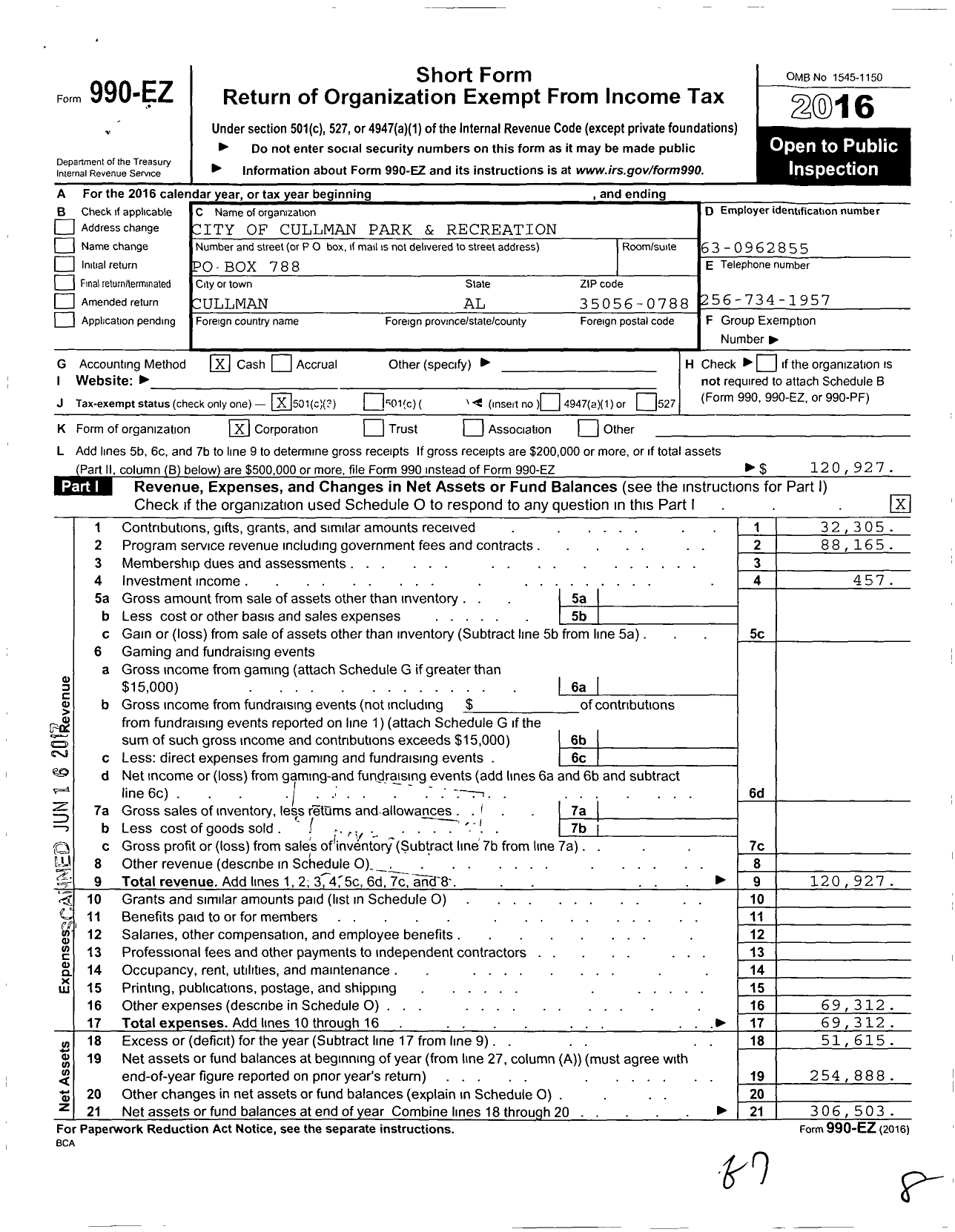 Image of first page of 2016 Form 990EZ for City of Cullman Parks and Recreation Foundation