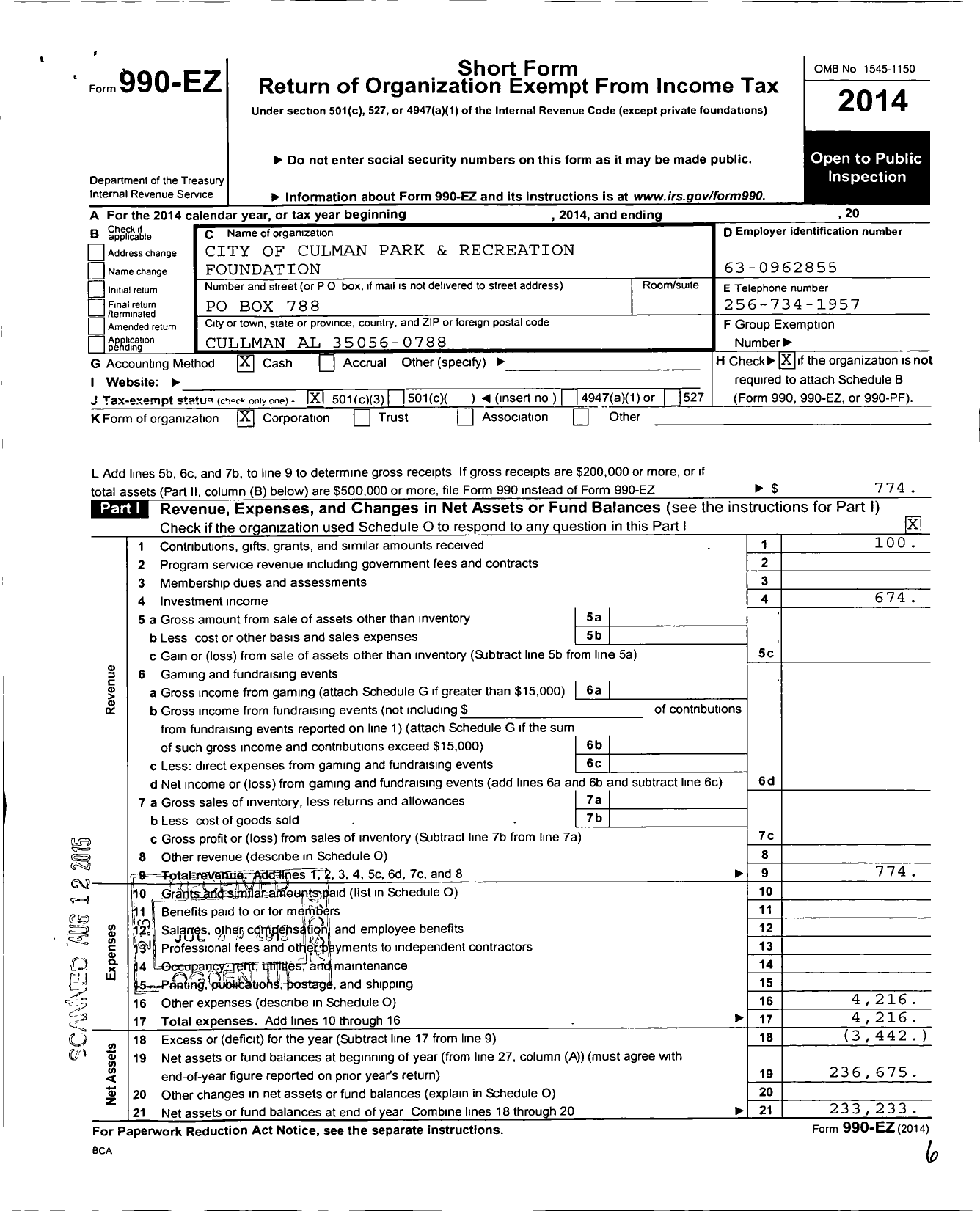 Image of first page of 2014 Form 990EZ for City of Cullman Parks and Recreation Foundation