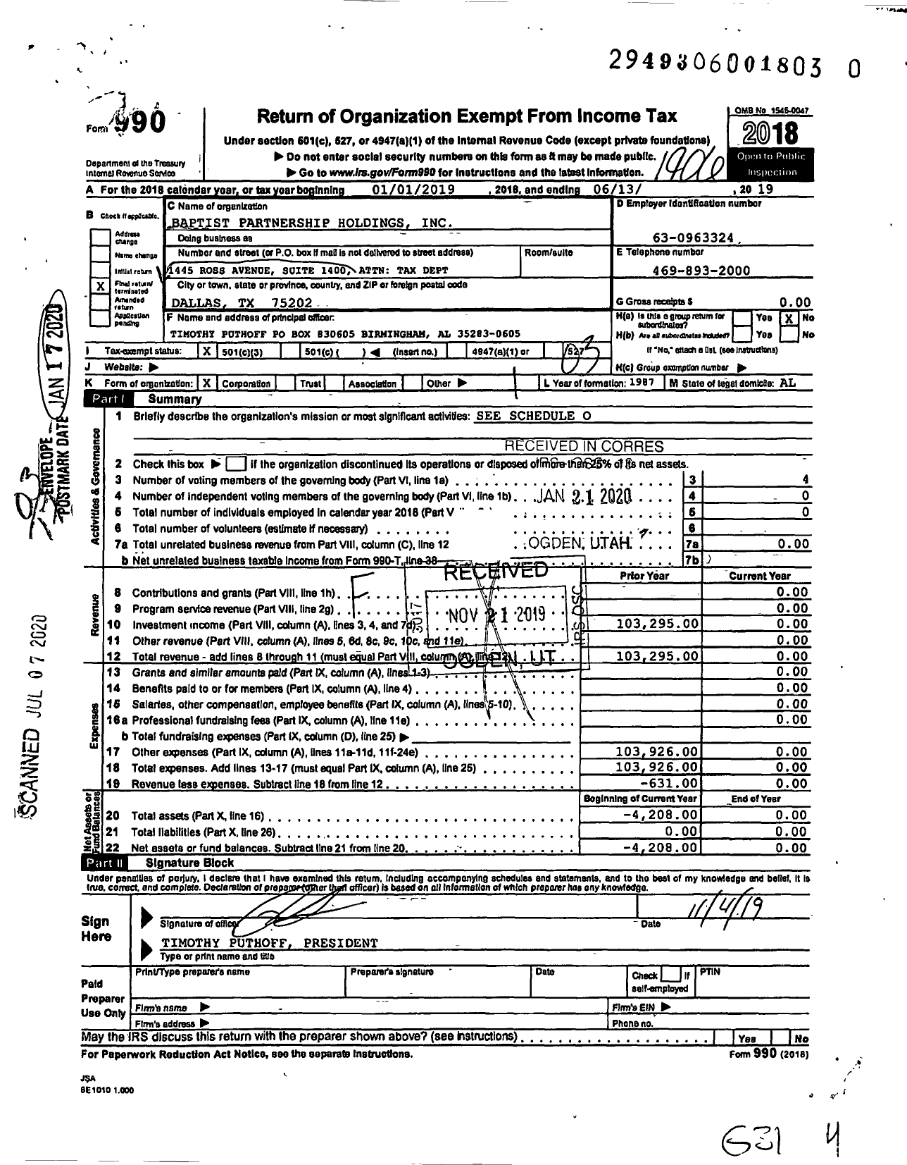 Image of first page of 2018 Form 990 for Baptist Partnership Holdings