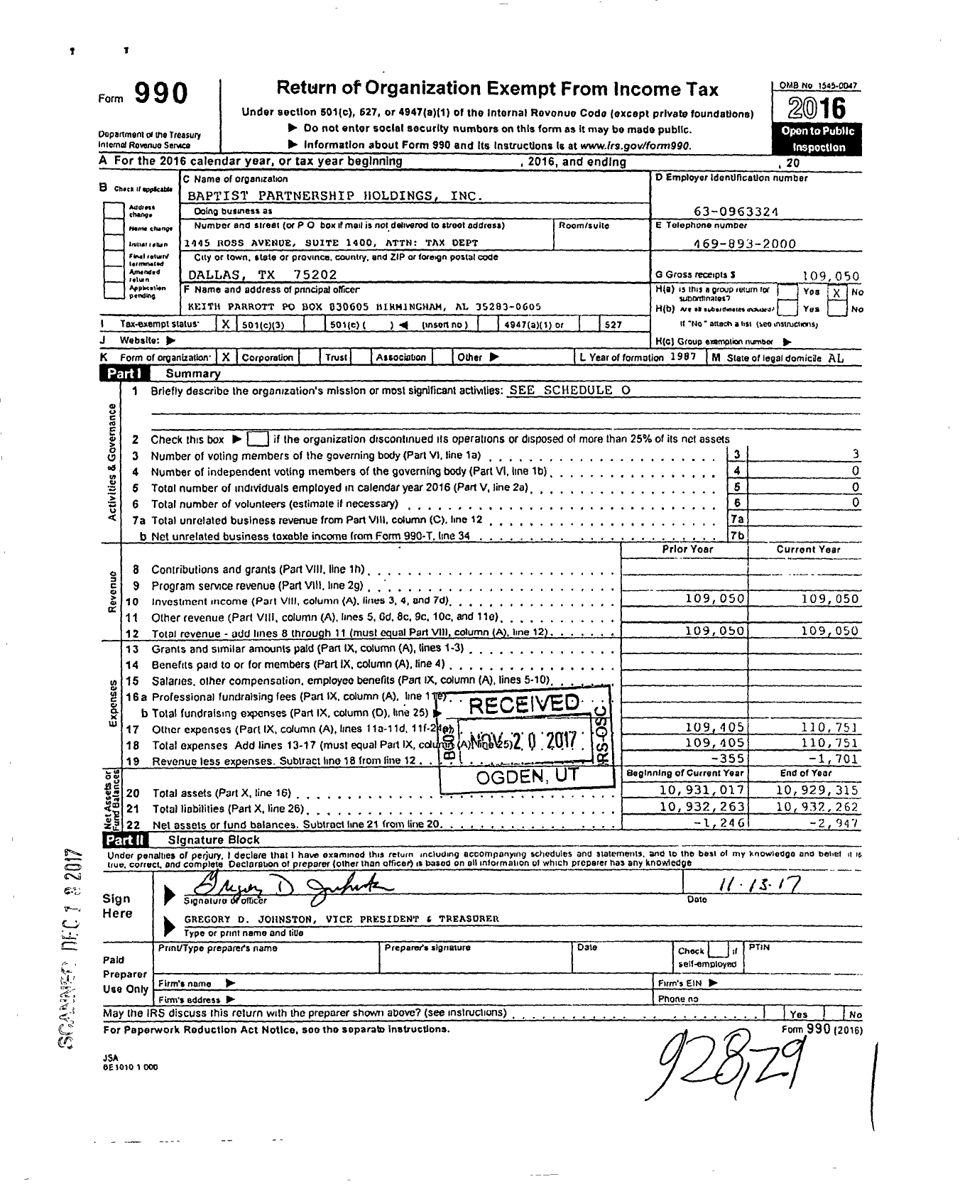 Image of first page of 2016 Form 990 for Baptist Partnership Holdings