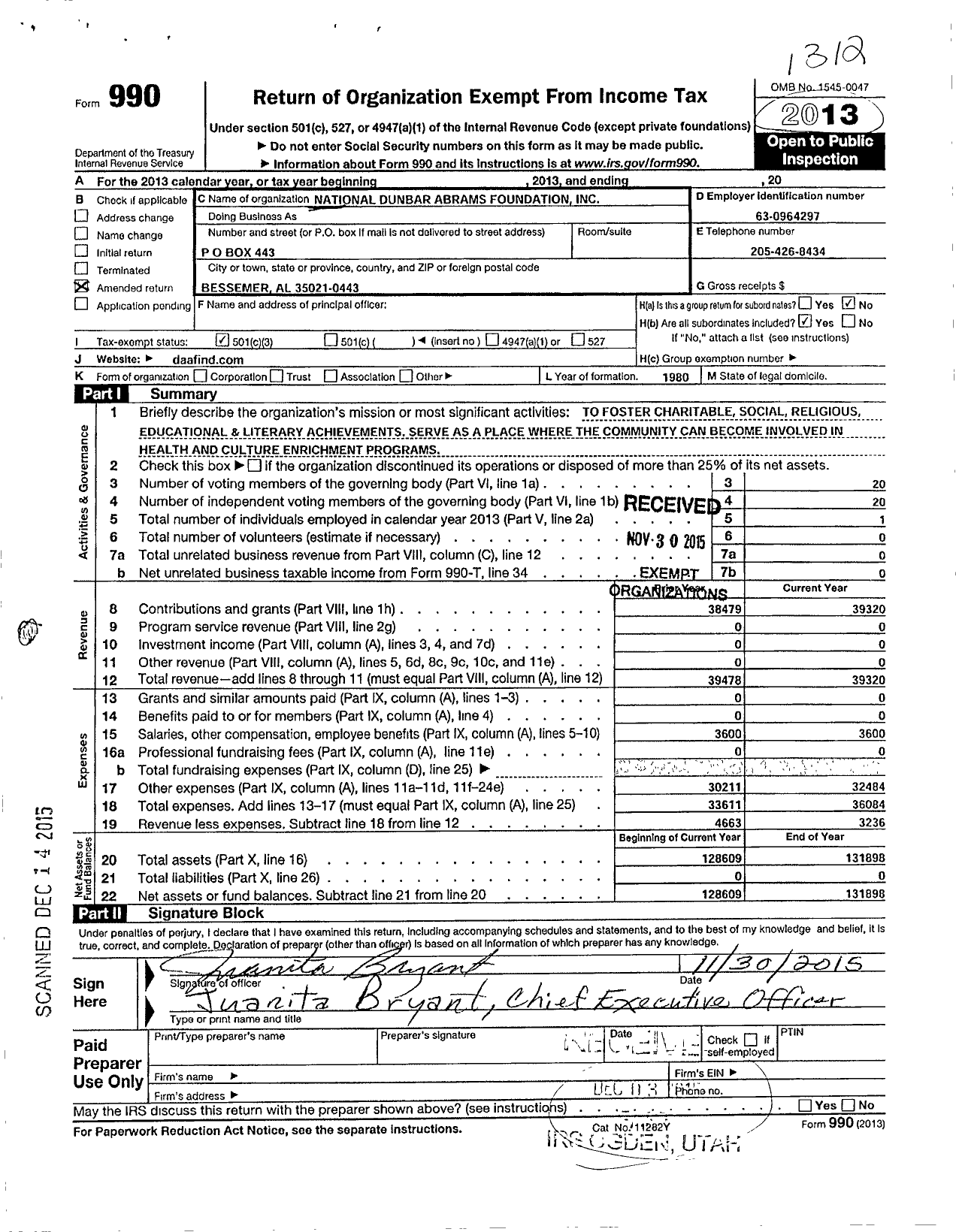 Image of first page of 2013 Form 990 for Dunbar Abrams Foundation