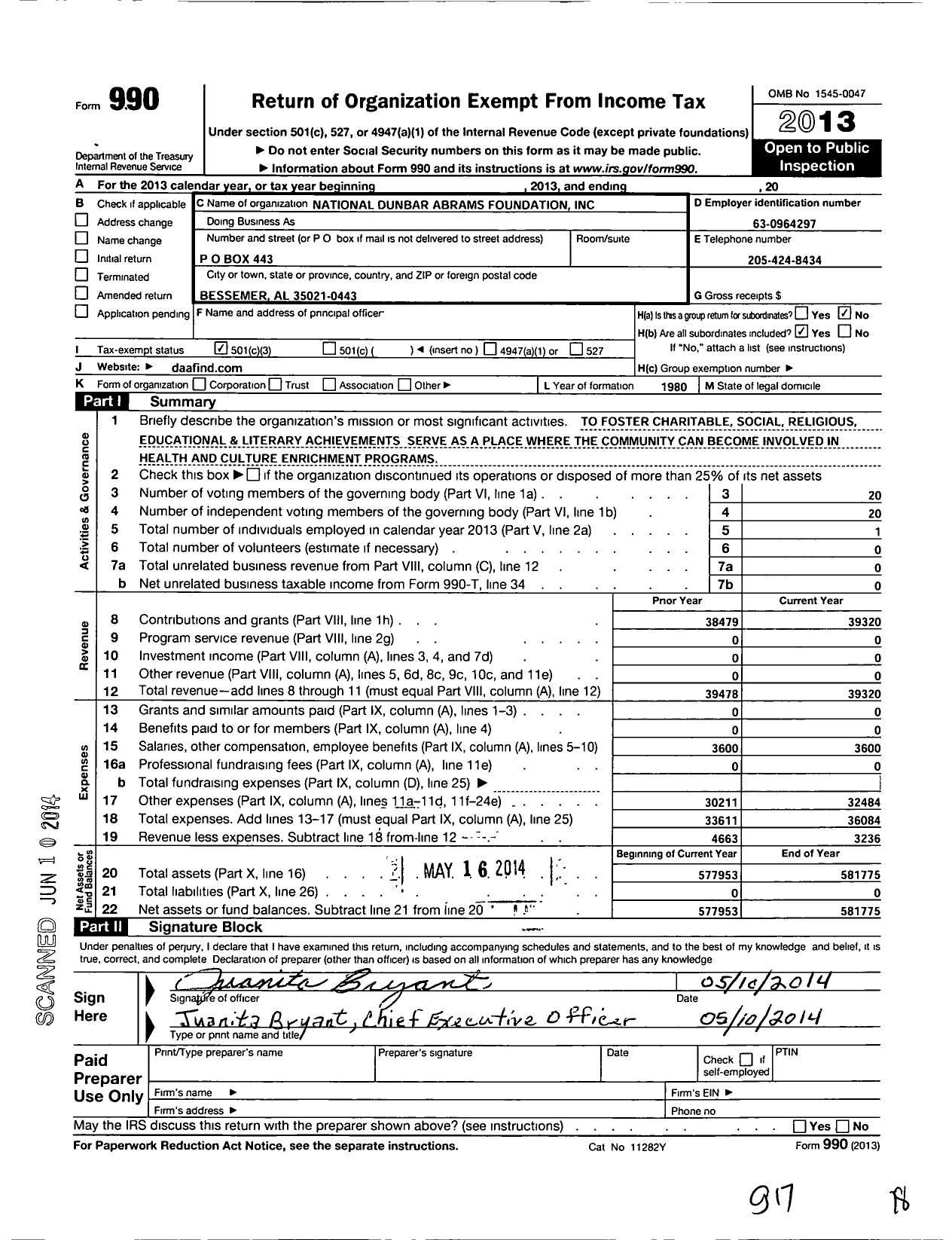 Image of first page of 2013 Form 990 for Dunbar Abrams Foundation