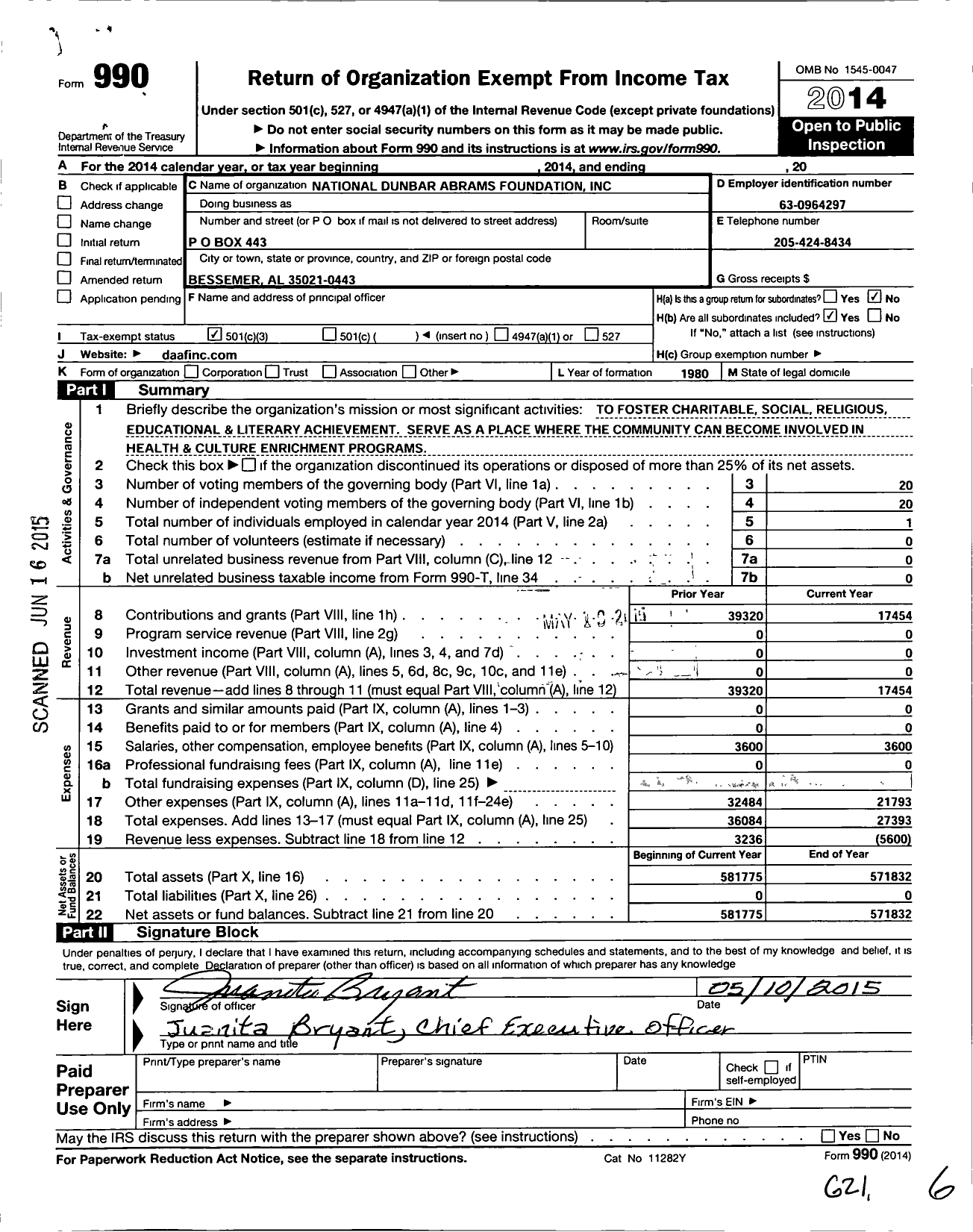 Image of first page of 2014 Form 990 for Dunbar Abrams Foundation