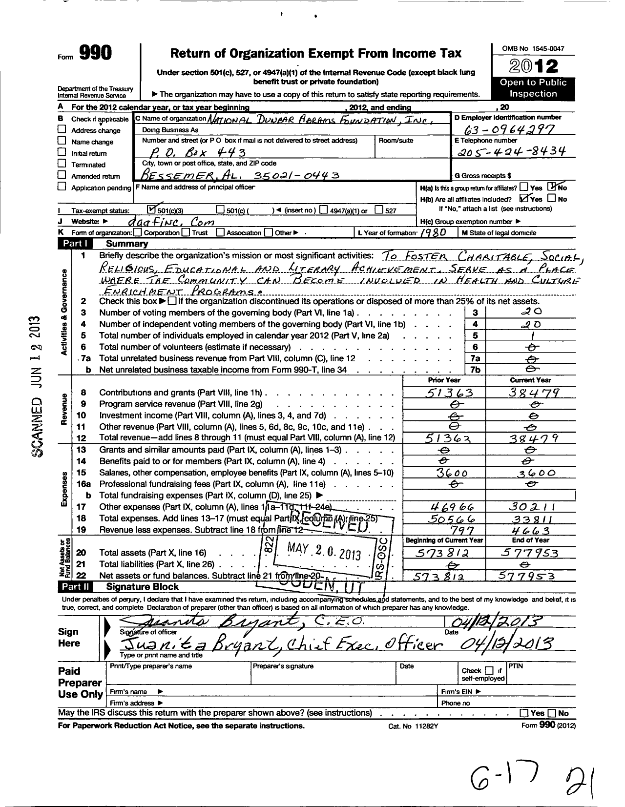 Image of first page of 2012 Form 990 for Dunbar Abrams Foundation