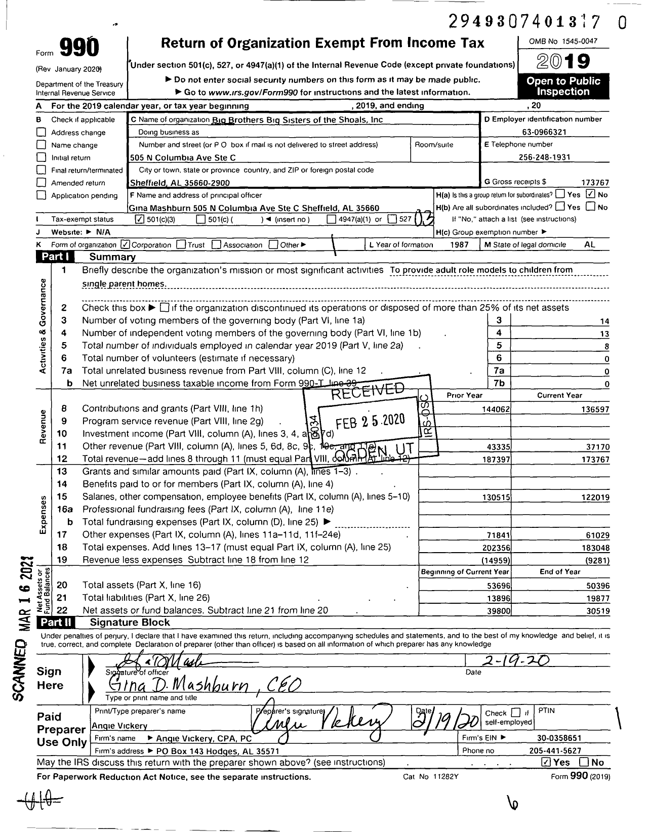 Image of first page of 2019 Form 990 for Big Brothers Big Sisters of the Shoals