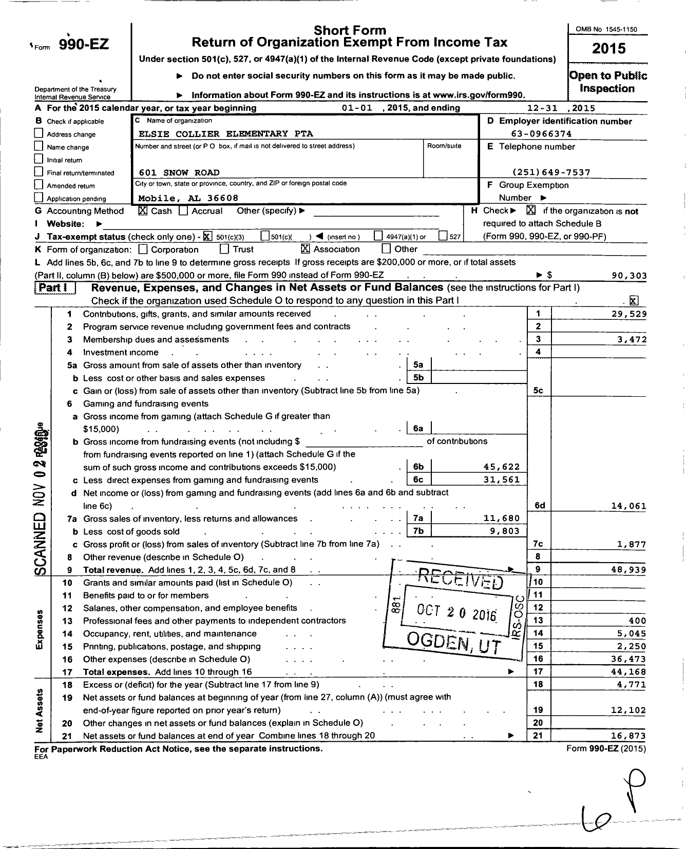 Image of first page of 2015 Form 990EZ for Elsie Collier Elementary PTA