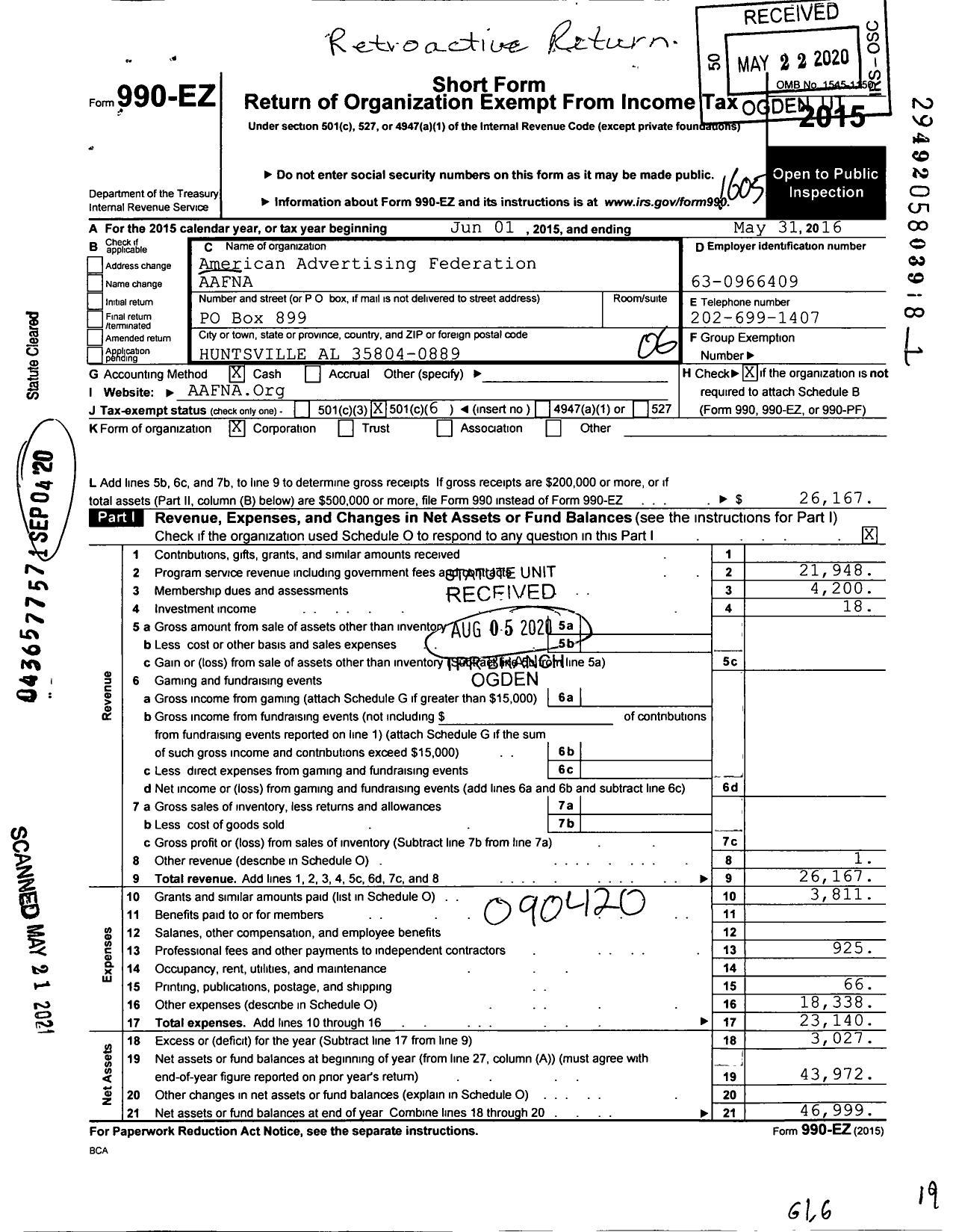 Image of first page of 2015 Form 990EO for American Advertising Federation of North Alabama