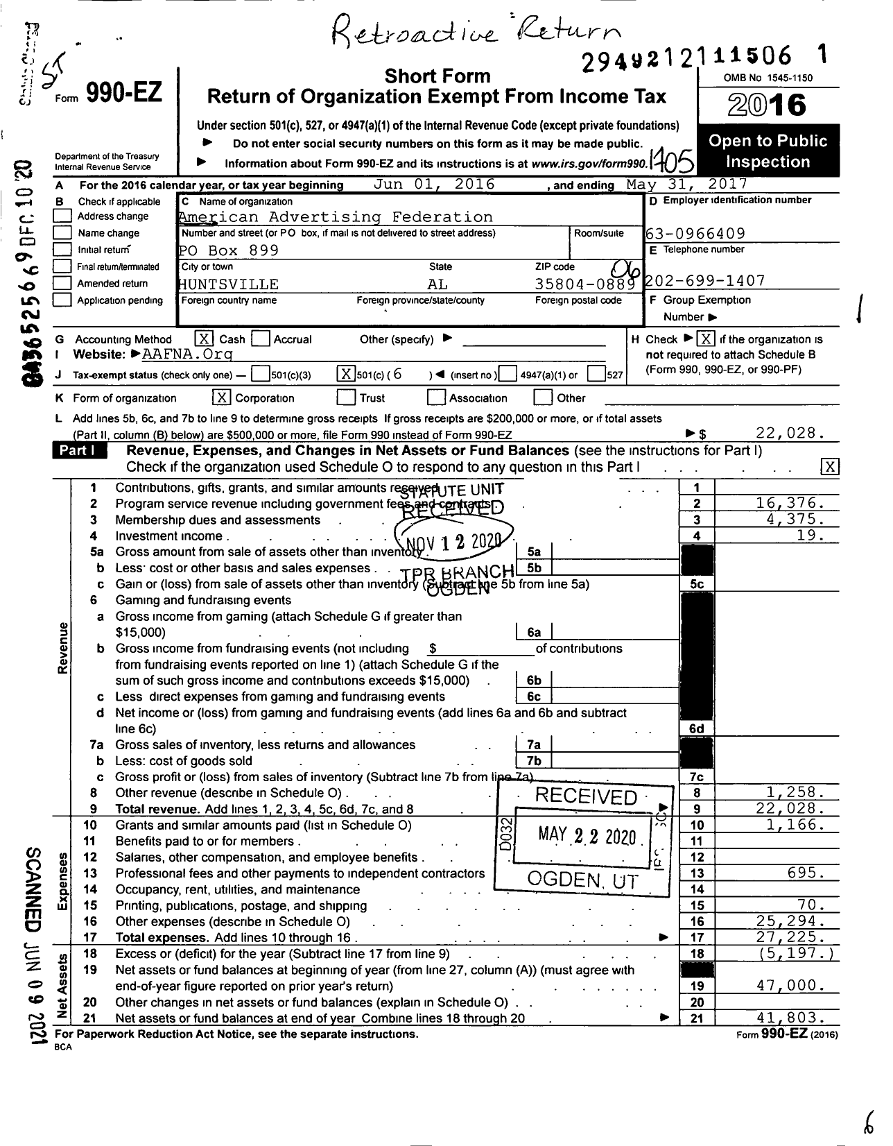 Image of first page of 2016 Form 990EO for American Advertising Federation of North Alabama