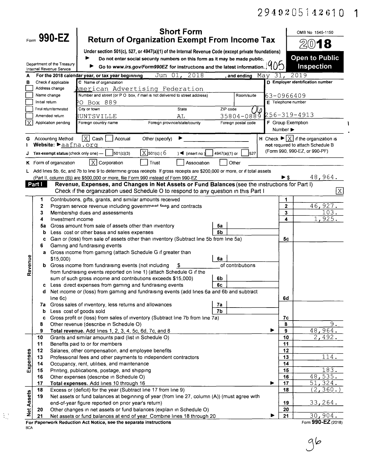 Image of first page of 2018 Form 990EO for American Advertising Federation of North Alabama