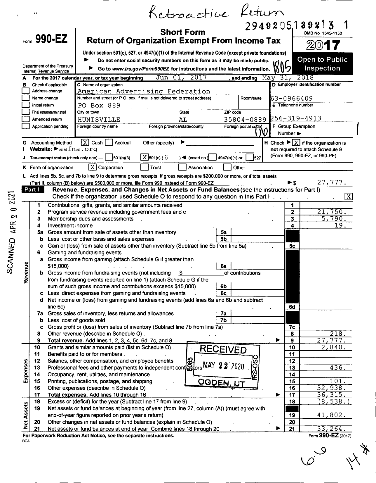 Image of first page of 2017 Form 990EO for American Advertising Federation of North Alabama