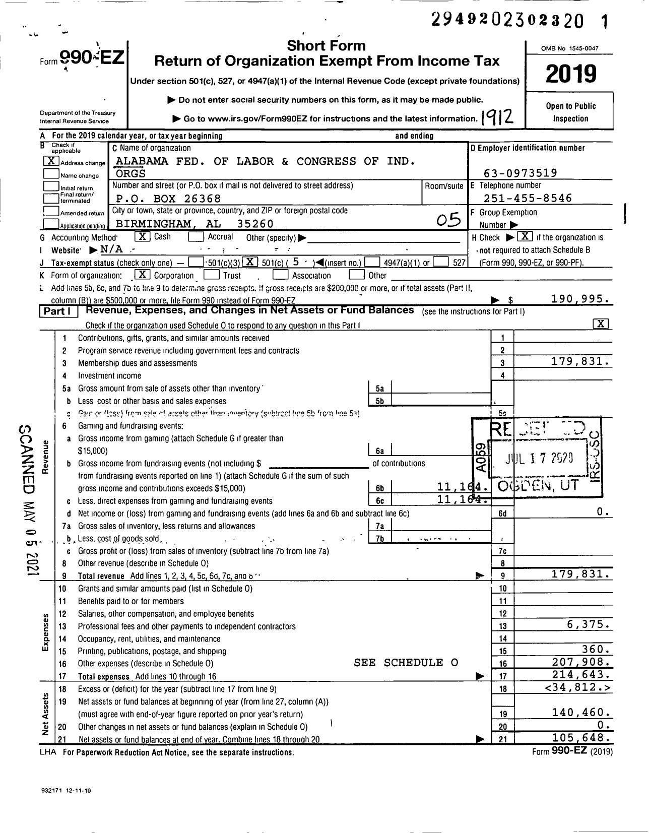 Image of first page of 2019 Form 990EO for AFL-CIO - Alabama Building & Const Trdes Dept