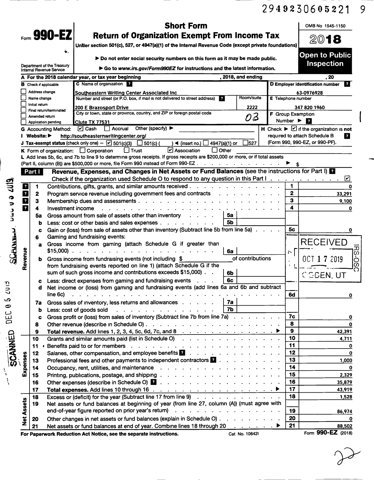 Image of first page of 2018 Form 990EZ for Southeastern Writing Center Associated