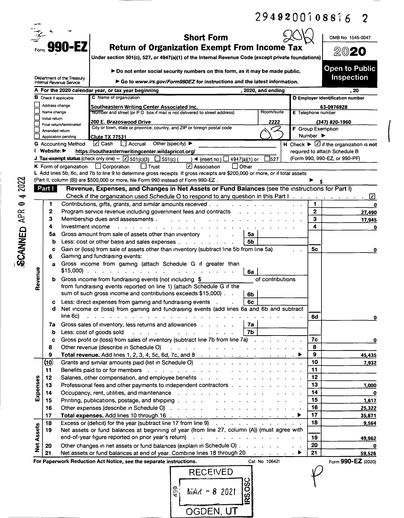 Image of first page of 2020 Form 990EZ for Southeastern Writing Center Associated