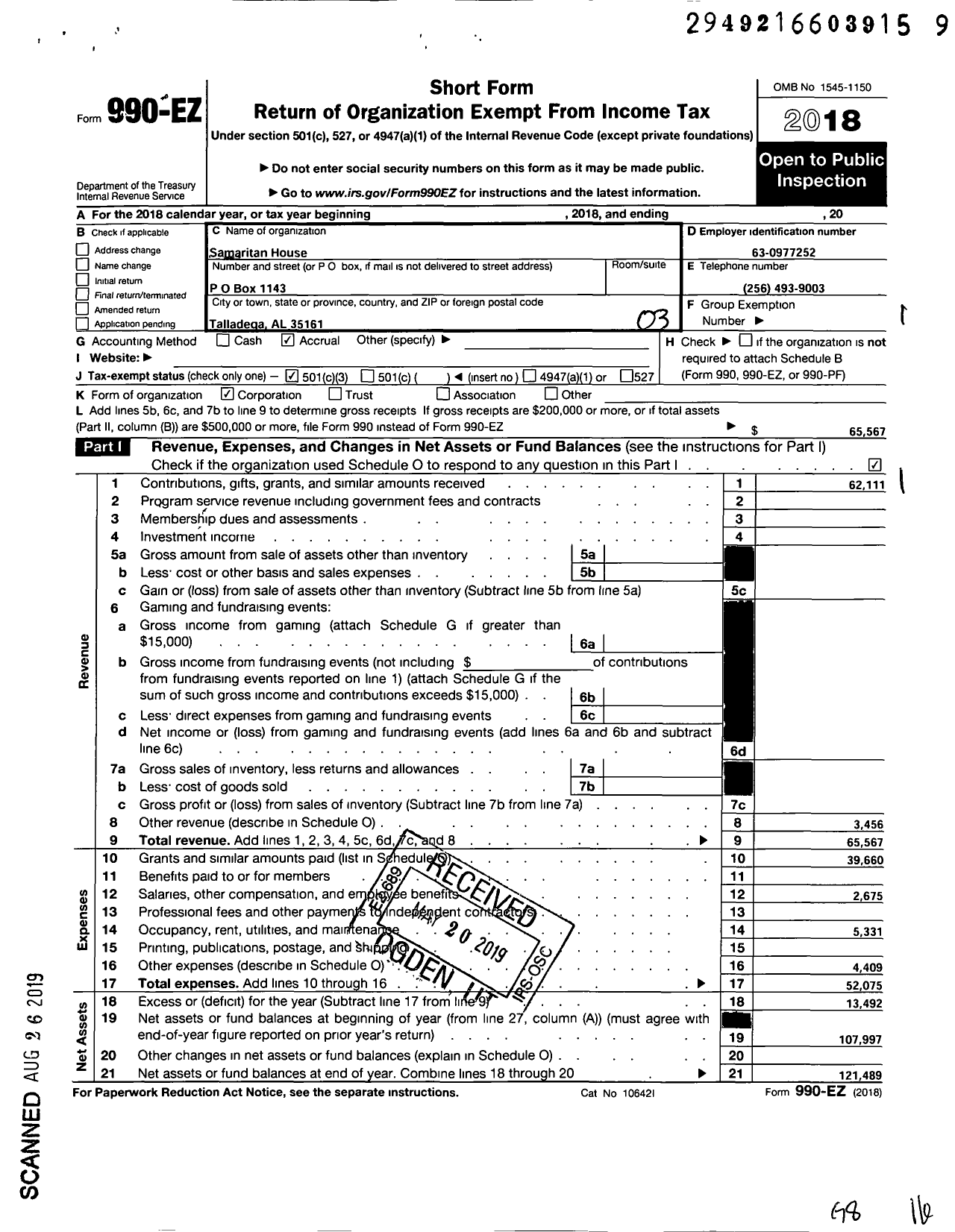 Image of first page of 2018 Form 990EZ for Samaritan House