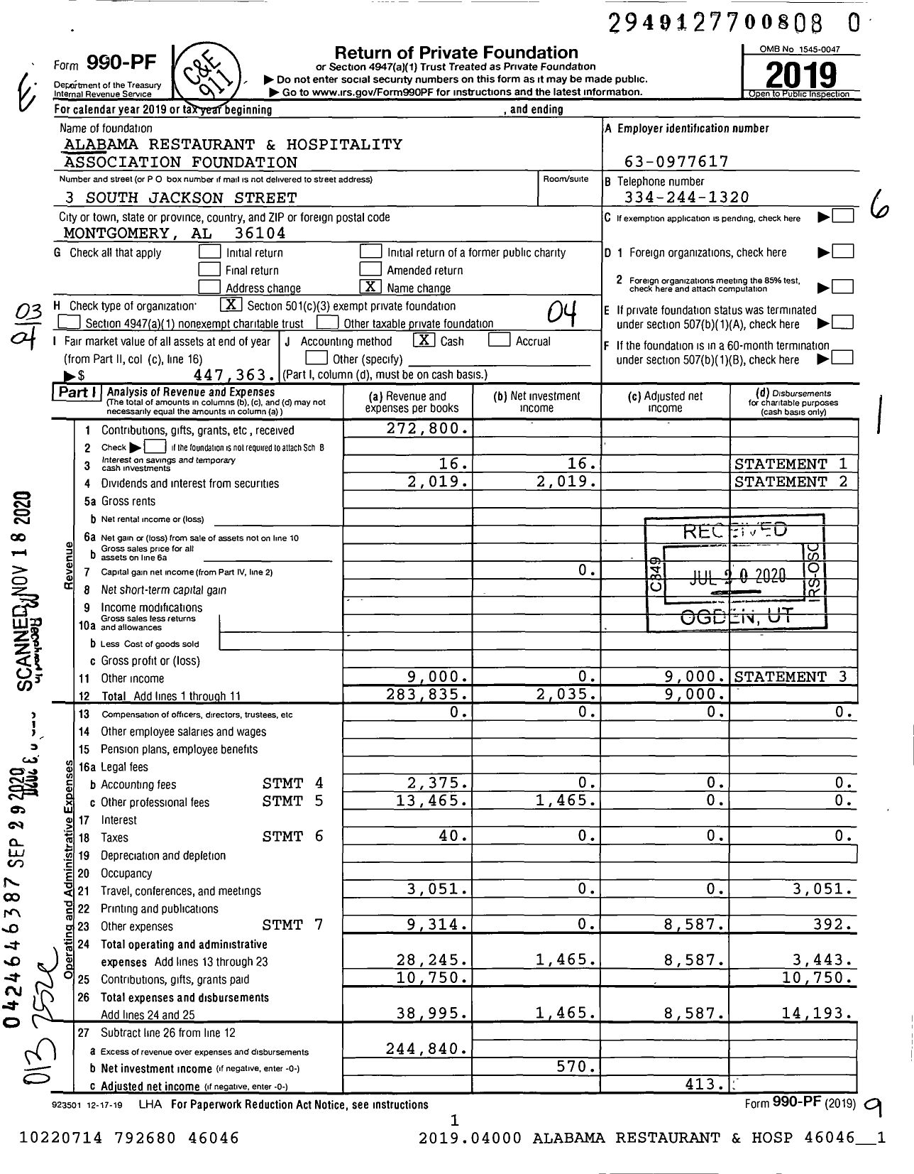 Image of first page of 2019 Form 990PF for Alabama Restaurant and Hospitality Association Foundation