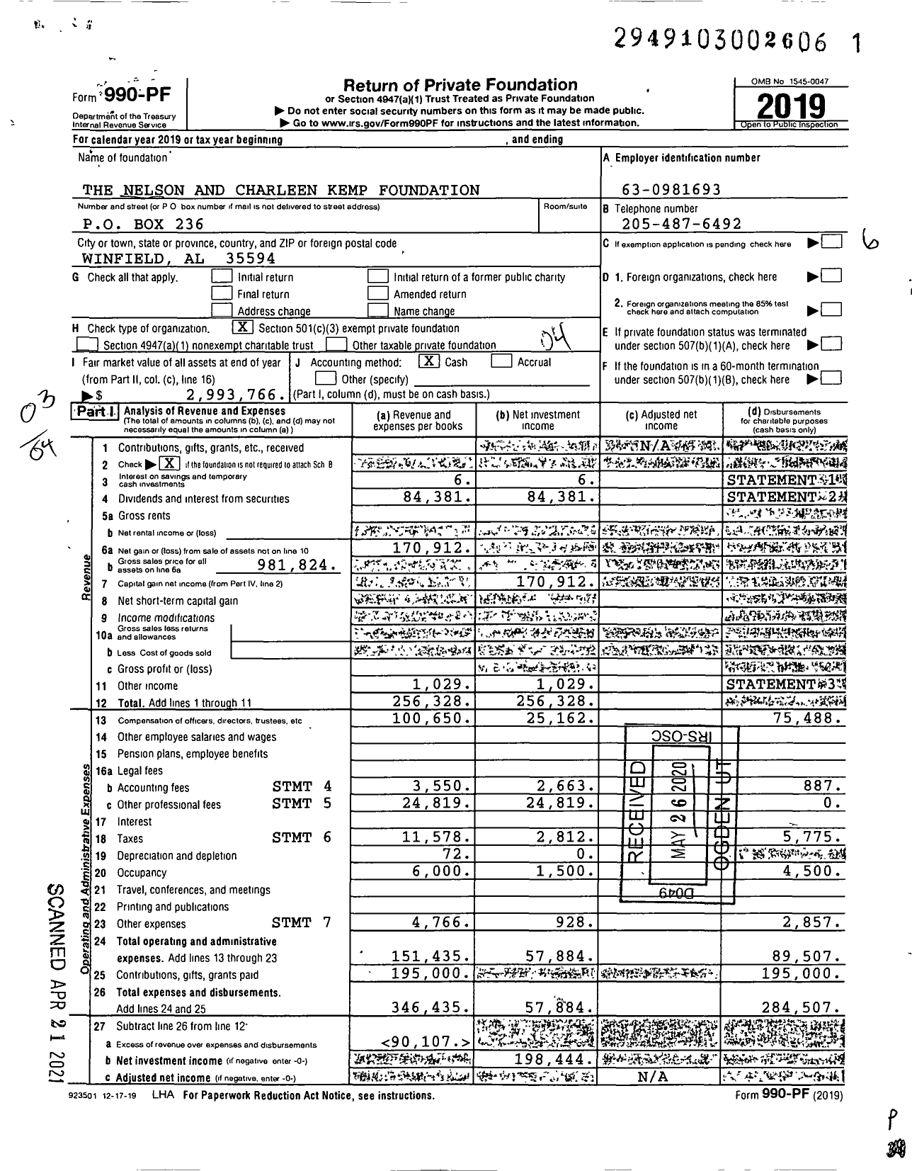 Image of first page of 2019 Form 990PF for The Nelson and Charleen Kemp Foundation