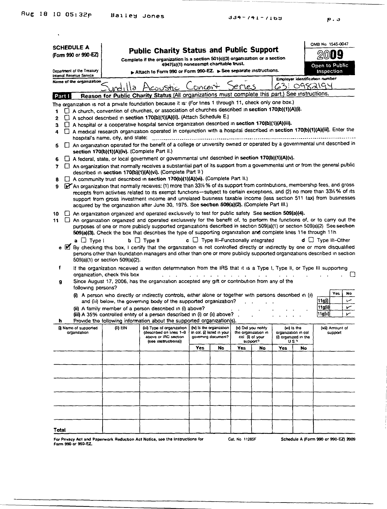 Image of first page of 2009 Form 990ER for North American Folk Music and Dance Alliance / Sundilla Acoustic Concert Series