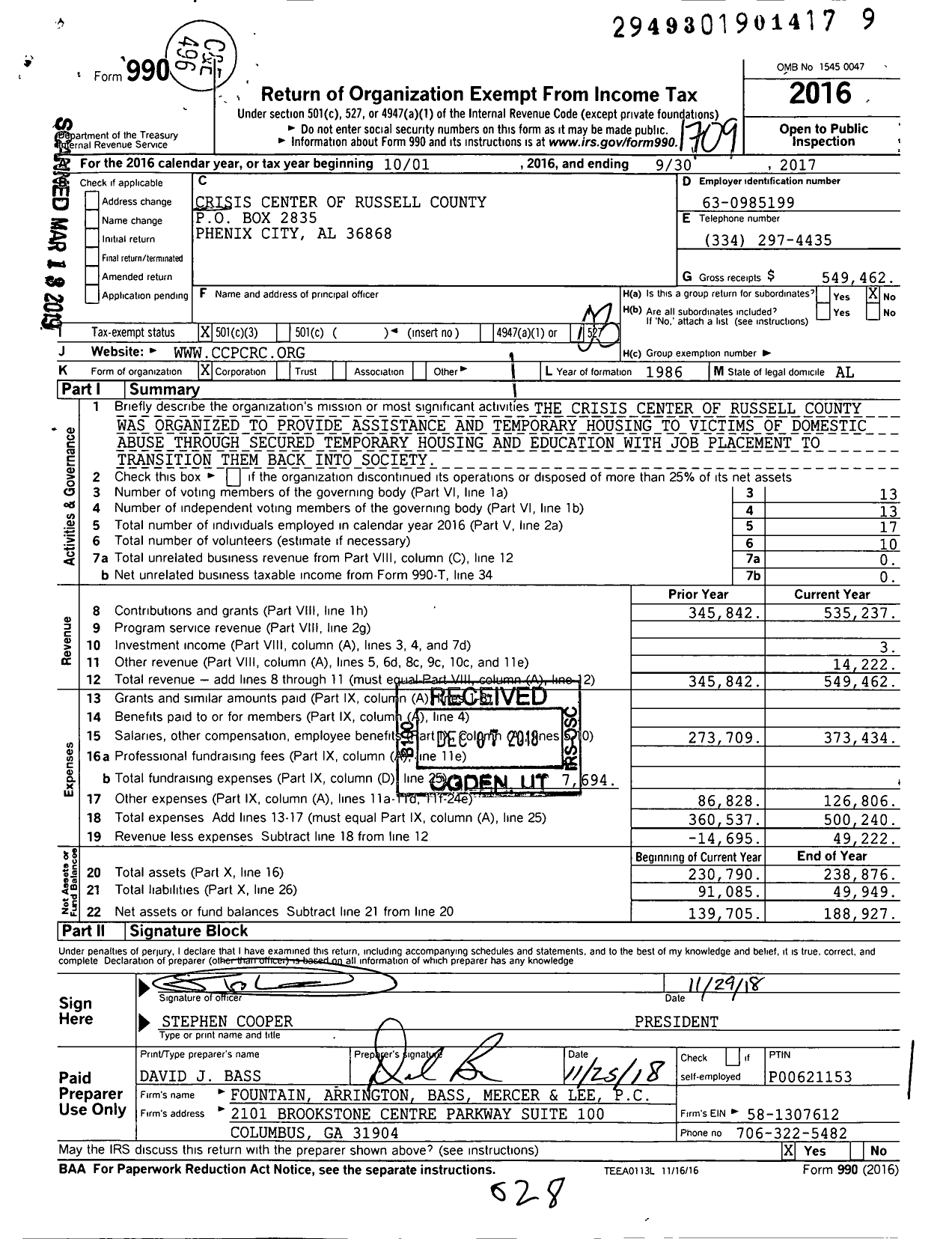 Image of first page of 2016 Form 990 for Crisis Center of Russell County