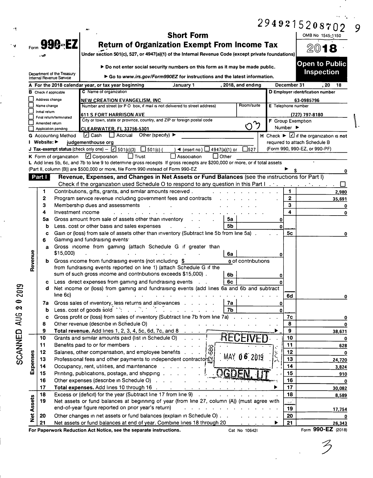 Image of first page of 2018 Form 990EZ for New Creation Evangelism