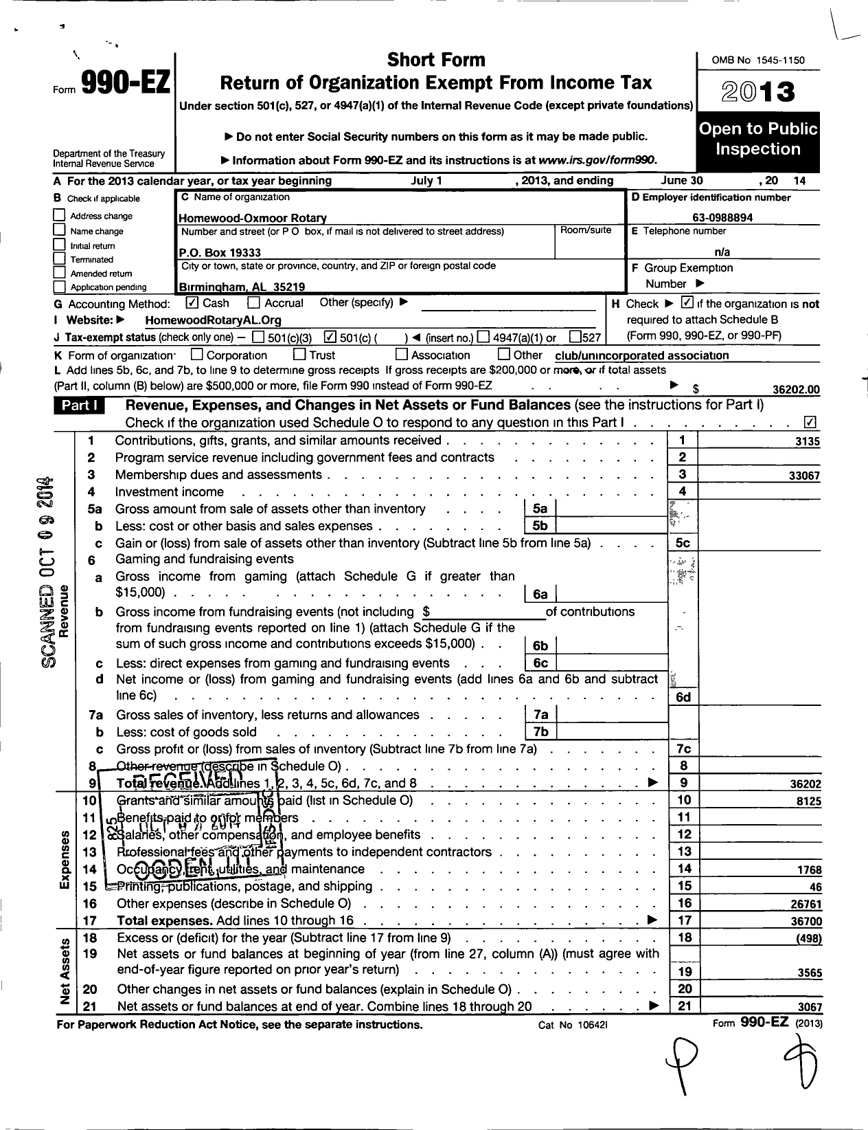 Image of first page of 2013 Form 990EO for Rotary International - Homewood