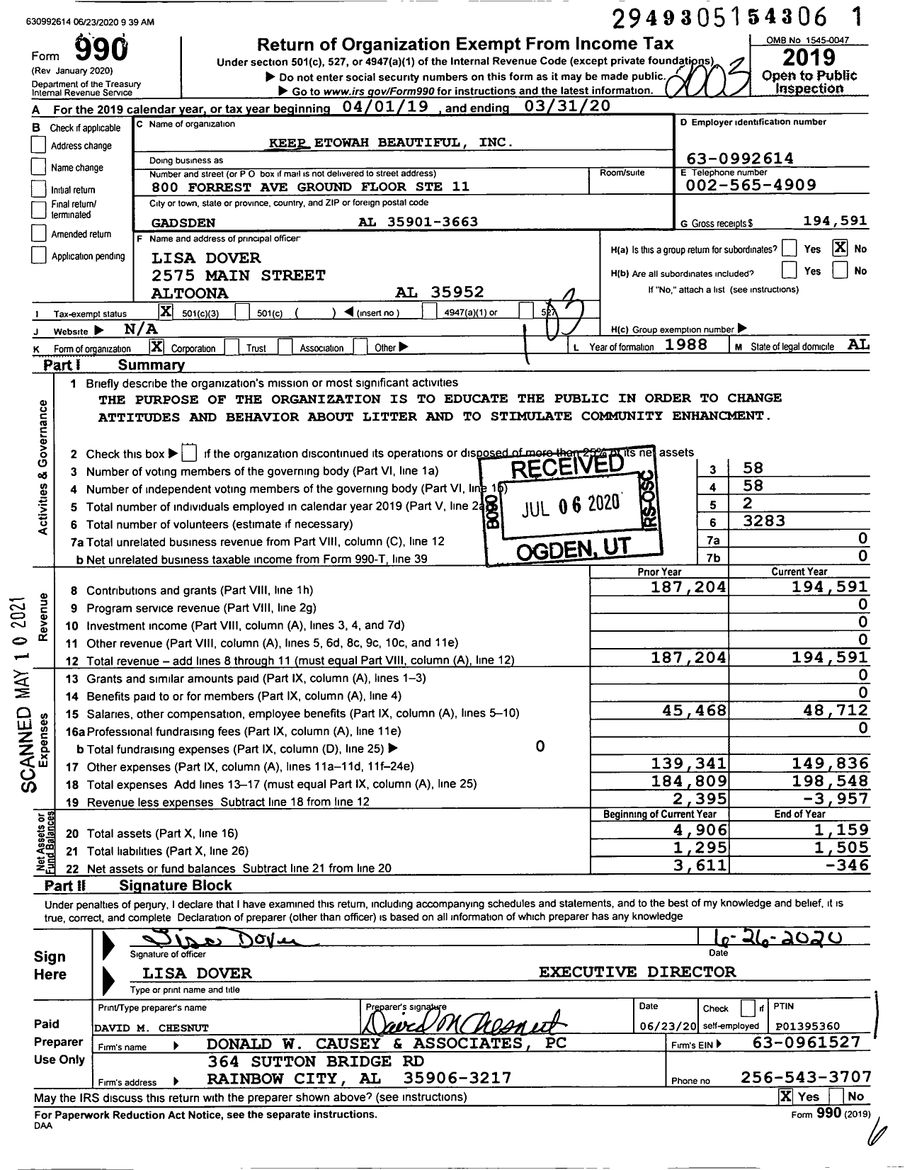 Image of first page of 2019 Form 990 for Keep Etowah Beautiful