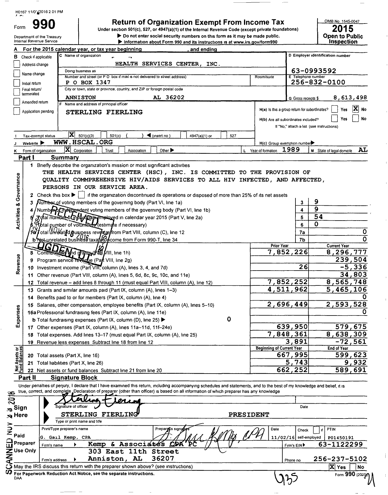 Image of first page of 2015 Form 990 for Health Services Center (HSC)