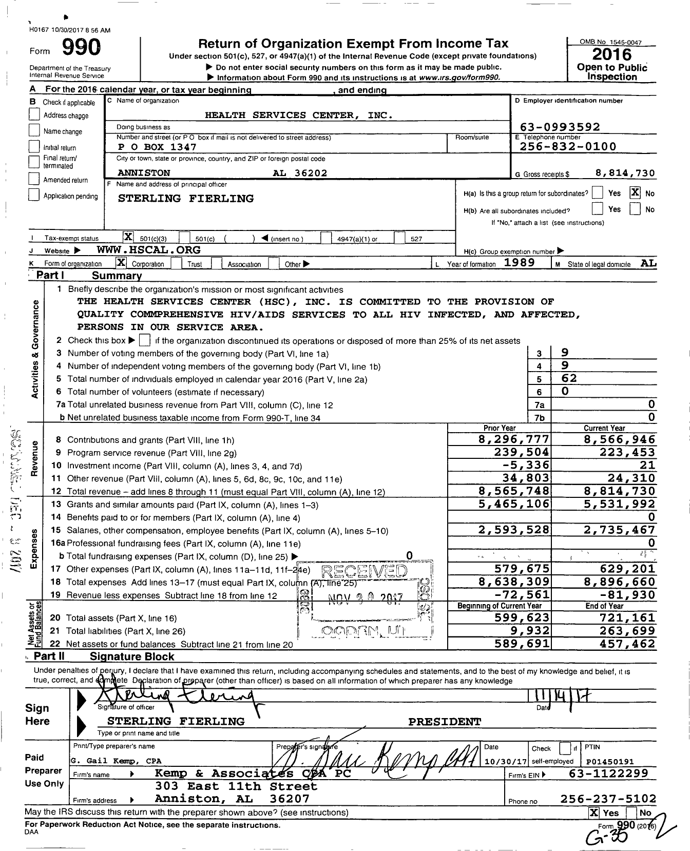 Image of first page of 2016 Form 990 for Health Services Center (HSC)