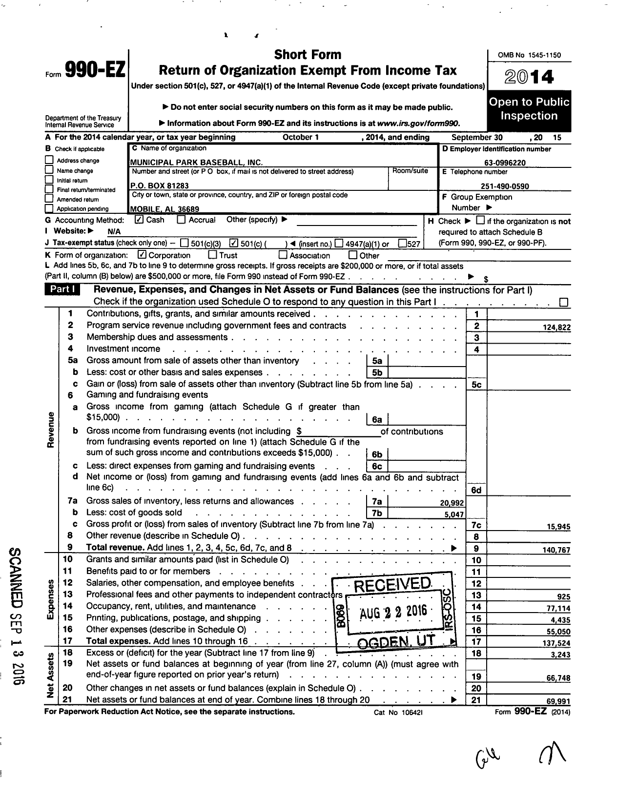 Image of first page of 2014 Form 990EO for Municipal Park Baseball