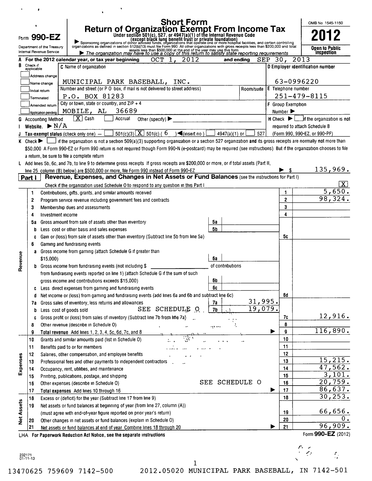 Image of first page of 2012 Form 990EO for Municipal Park Baseball