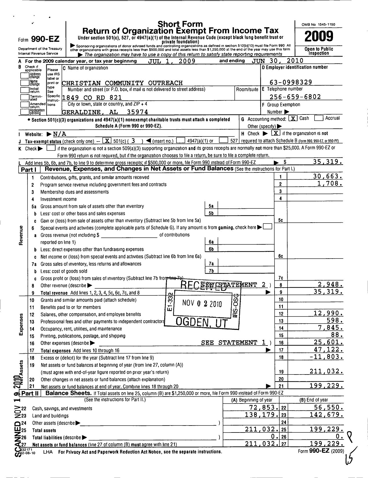 Image of first page of 2009 Form 990EZ for Christian Community Outreach