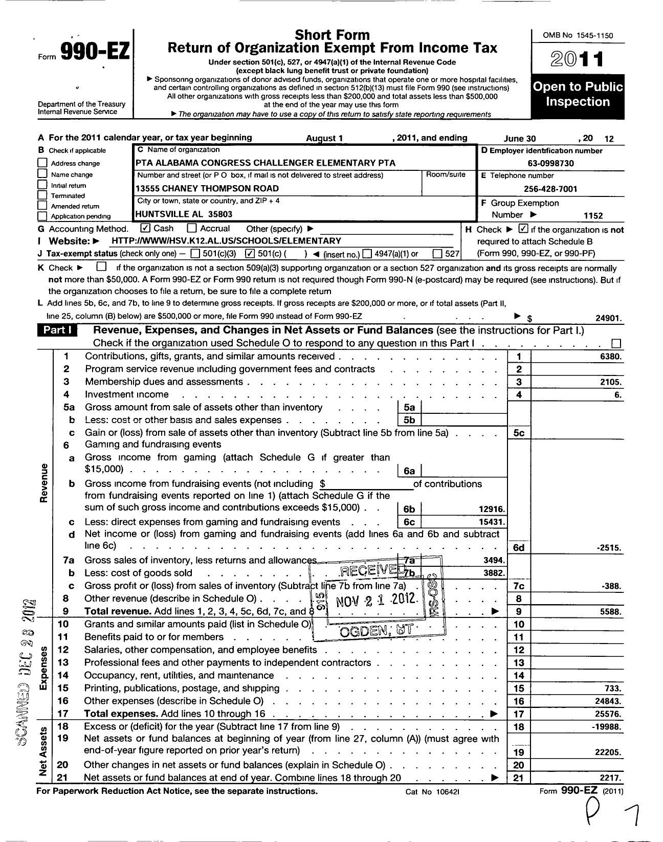 Image of first page of 2011 Form 990EO for PTA Alabama Congress / Challenger Elementary School PTA