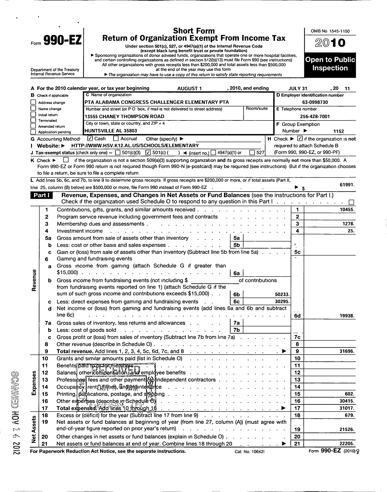 Image of first page of 2010 Form 990EO for PTA Alabama Congress / Challenger Elementary School PTA