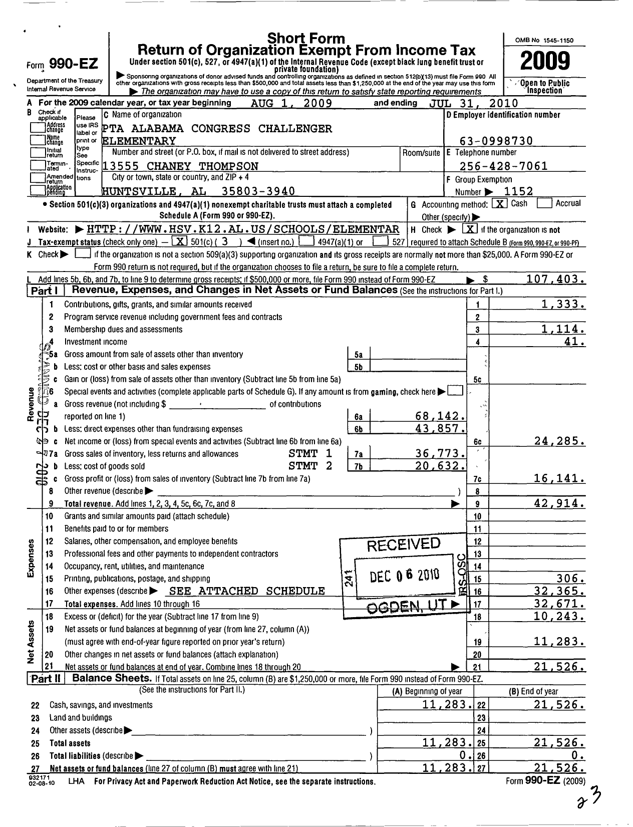 Image of first page of 2009 Form 990EZ for PTA Alabama Congress / Challenger Elementary School PTA