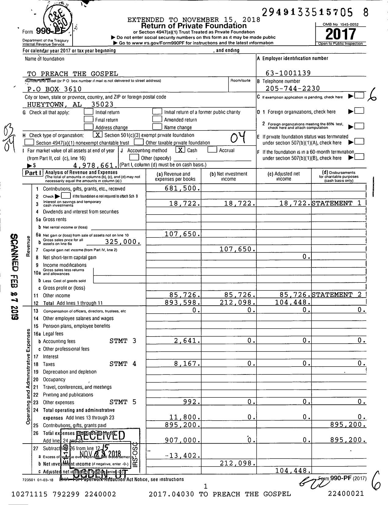 Image of first page of 2017 Form 990PF for To Preach the Gospel