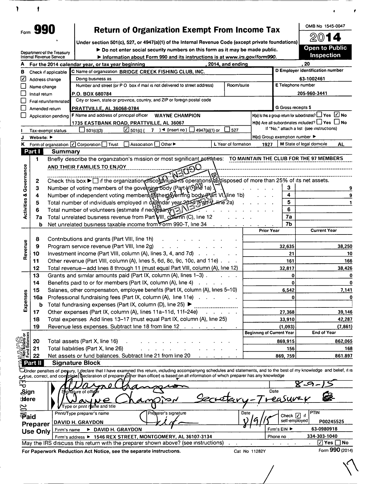 Image of first page of 2014 Form 990O for Bridge Creek Fishing Club