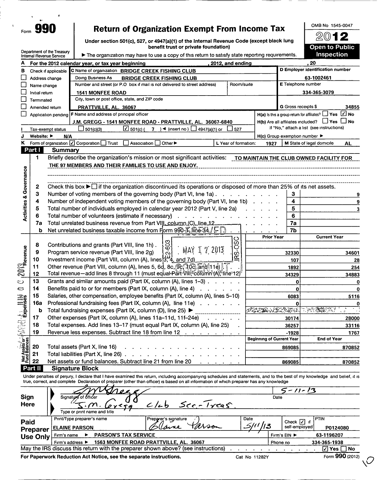 Image of first page of 2012 Form 990O for Bridge Creek Fishing Club