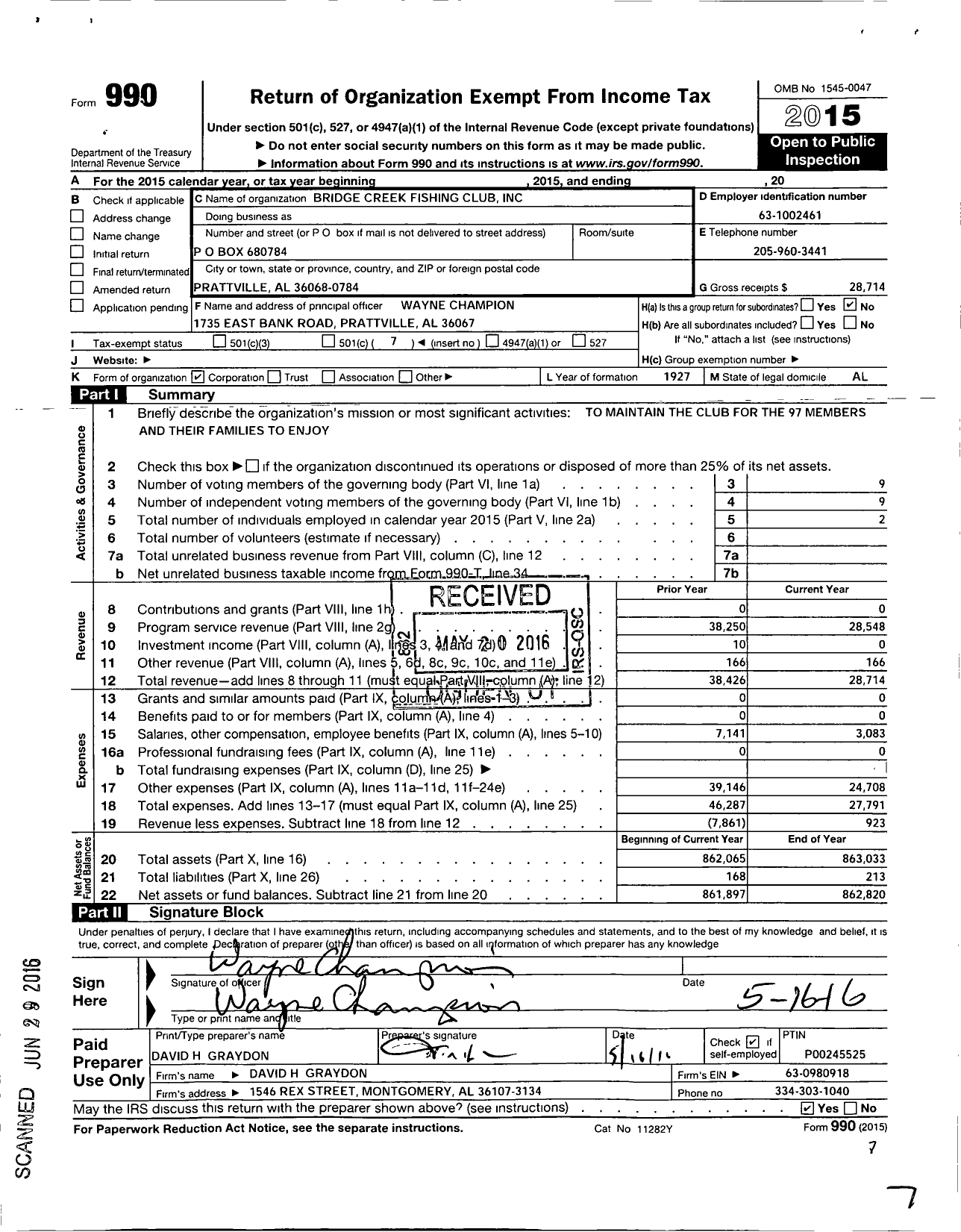 Image of first page of 2015 Form 990O for Bridge Creek Fishing Club