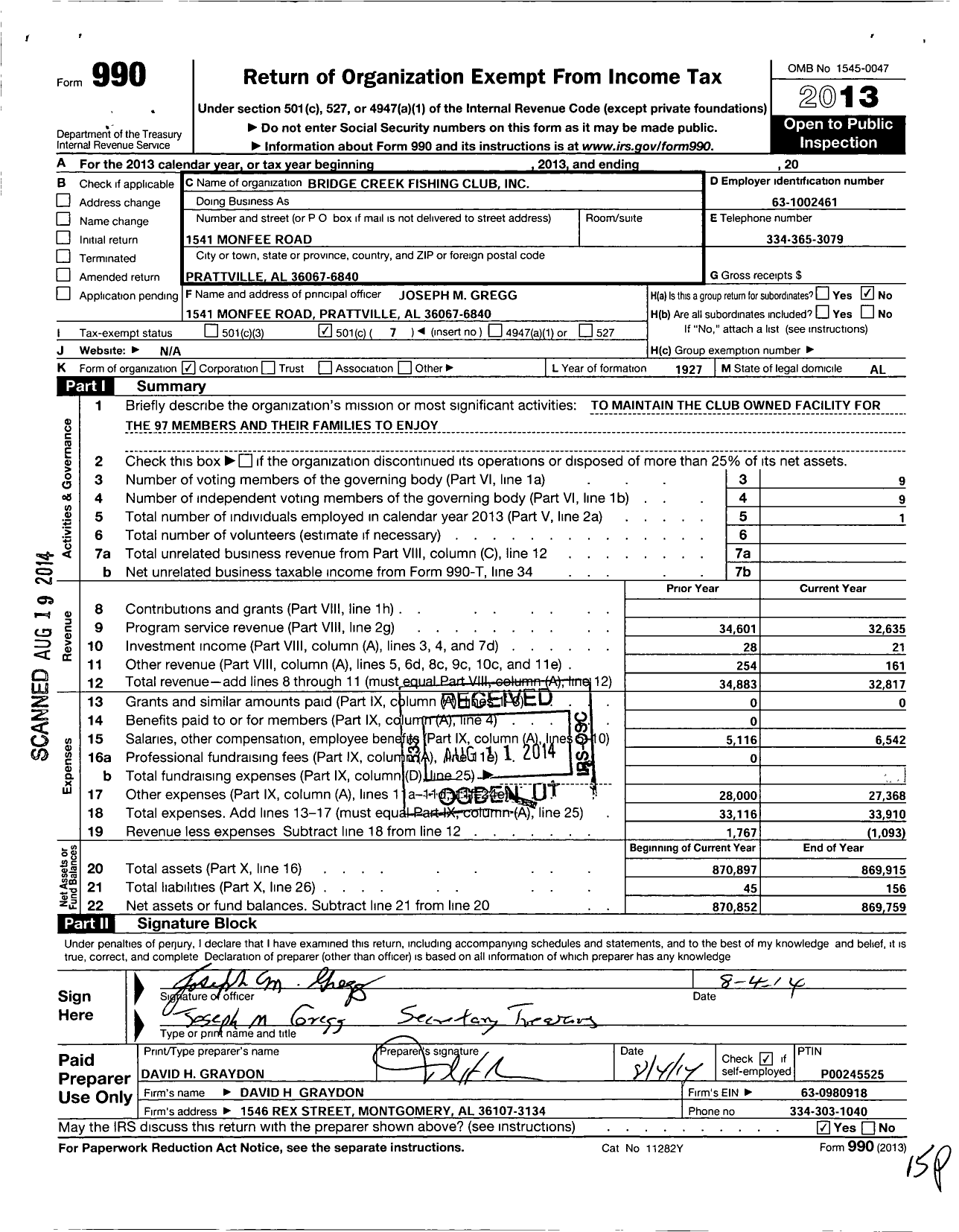 Image of first page of 2013 Form 990O for Bridge Creek Fishing Club