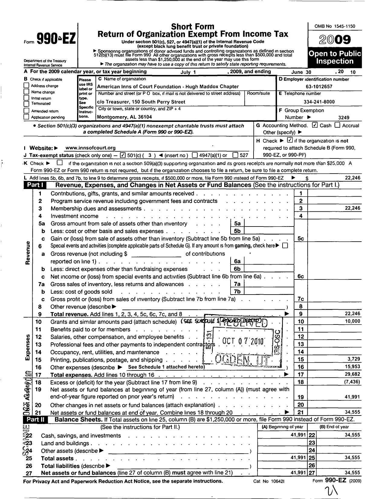 Image of first page of 2009 Form 990EZ for American Inns of Court Foundation - 30092 Hugh Maddox Chapter