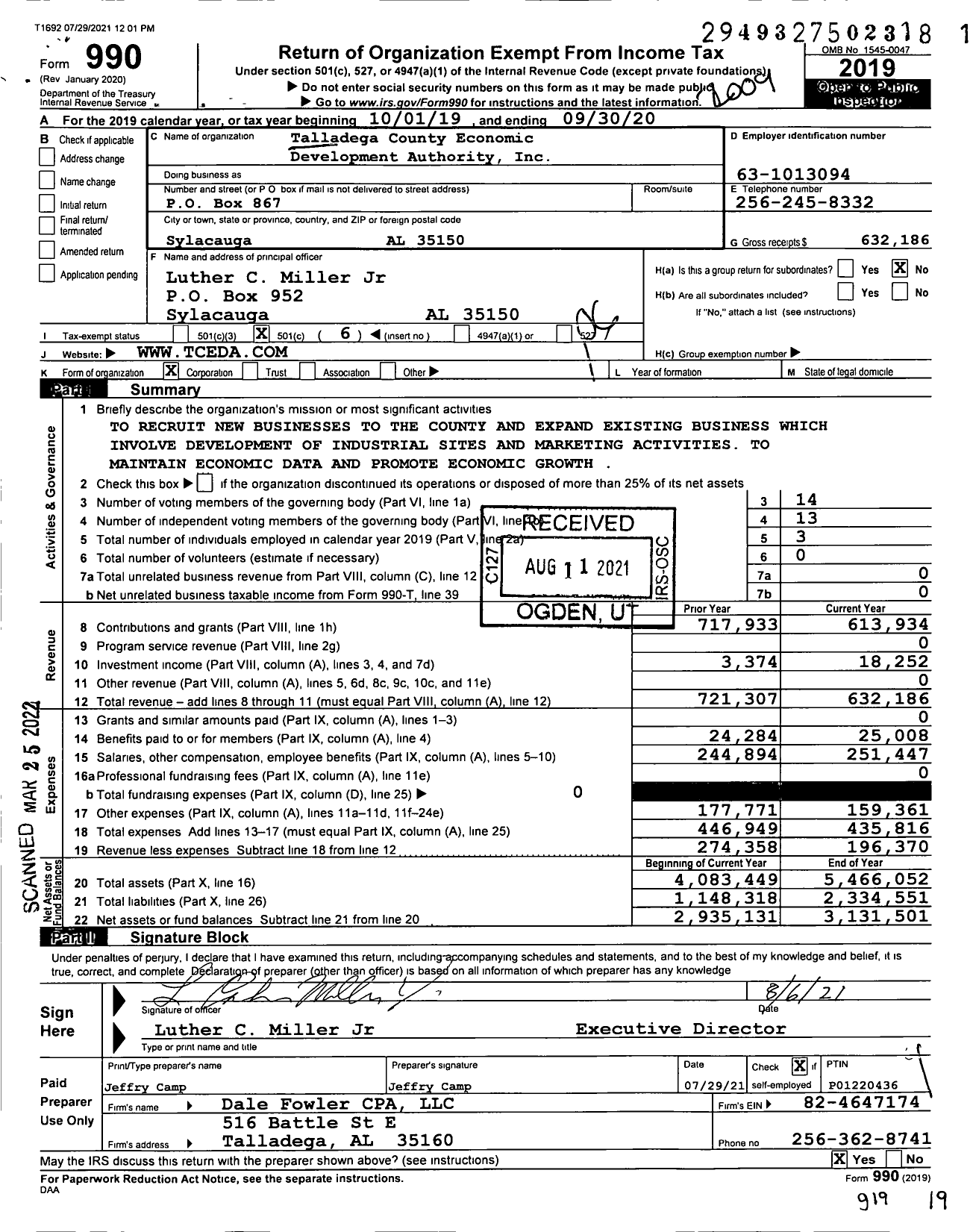 Image of first page of 2019 Form 990O for Talladega County Economic Development Authority