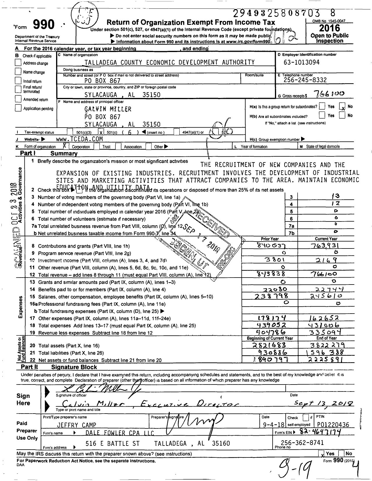 Image of first page of 2016 Form 990O for Talladega County Economic Development Authority