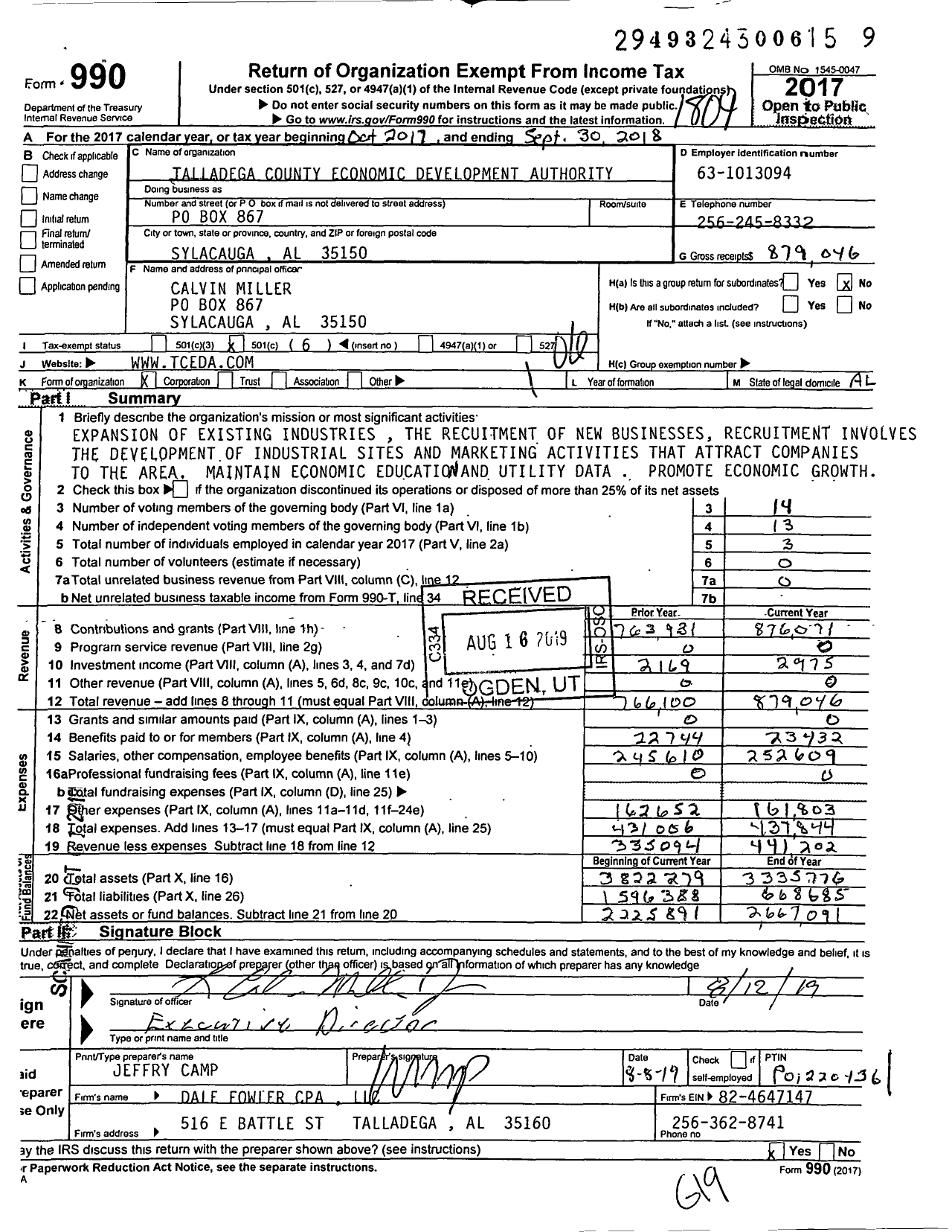 Image of first page of 2017 Form 990O for Talladega County Economic Development Authority