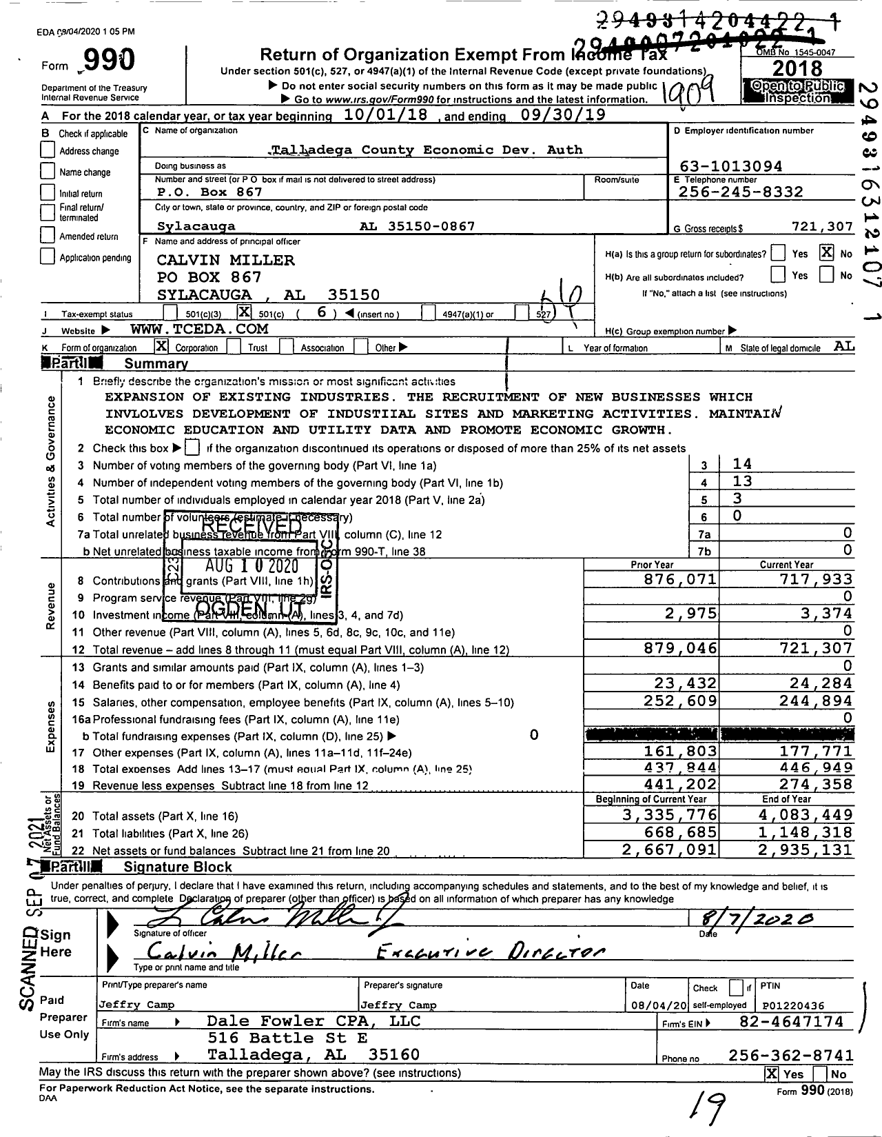 Image of first page of 2018 Form 990O for Talladega County Economic Development Authority