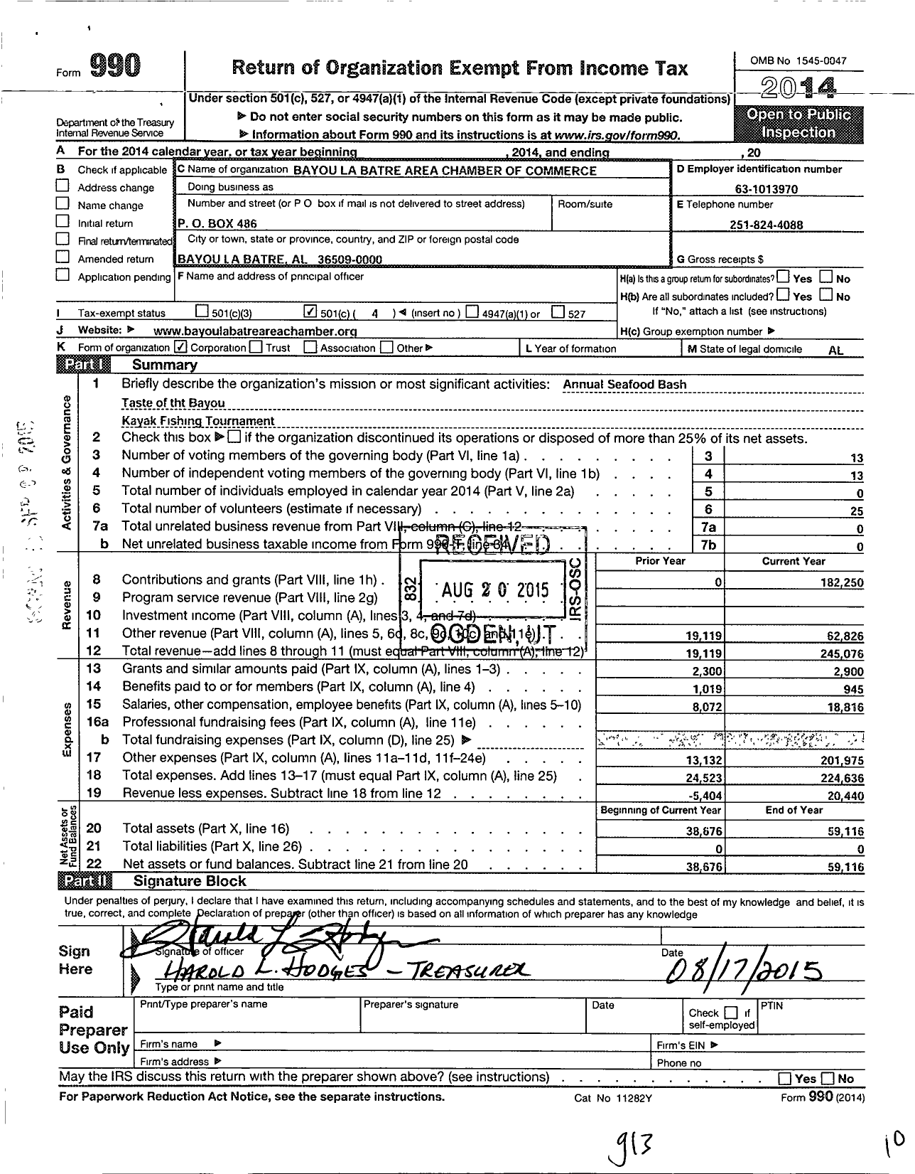 Image of first page of 2014 Form 990O for Bayou La Batre Chamber of Commerce