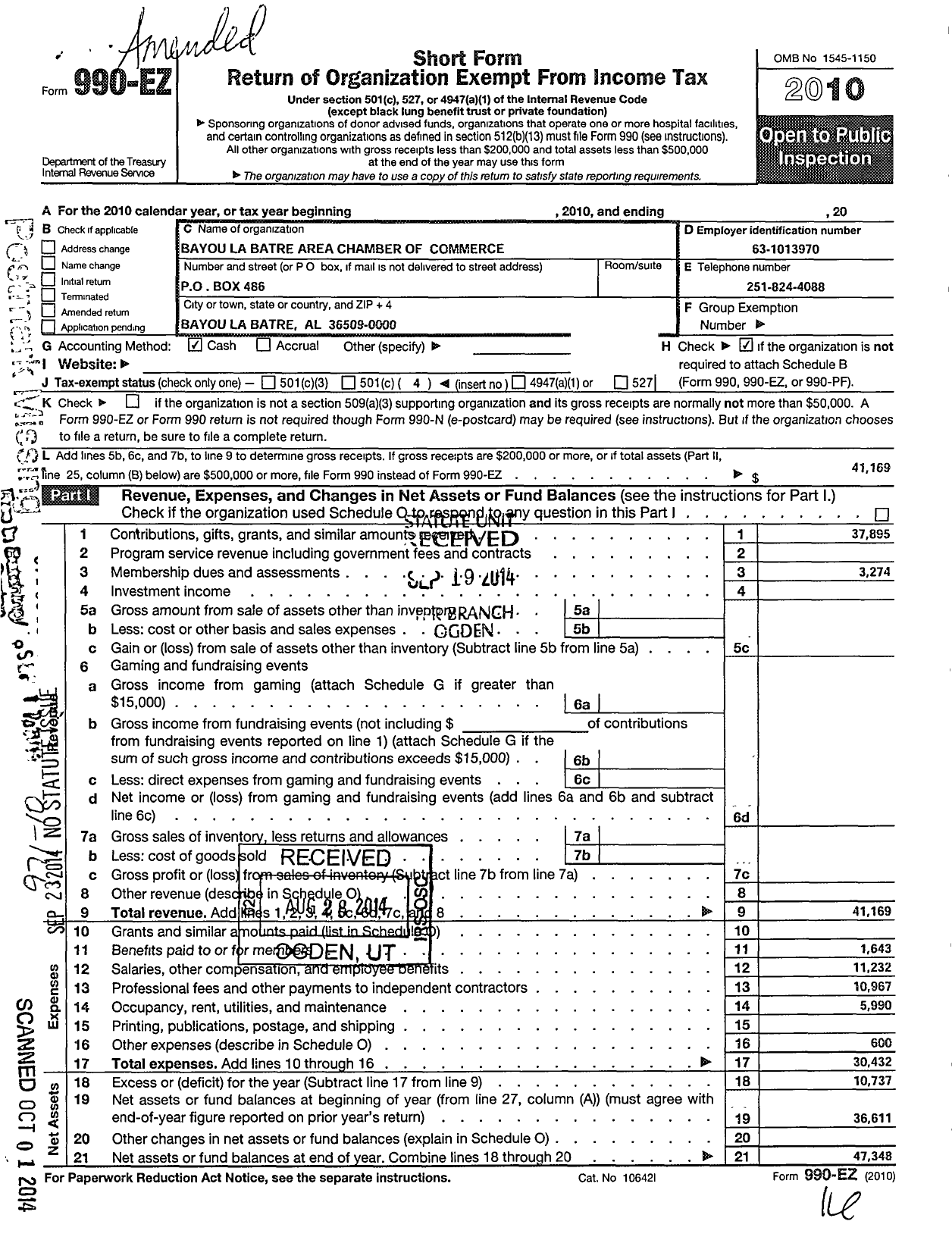 Image of first page of 2010 Form 990EO for Bayou La Batre Chamber of Commerce